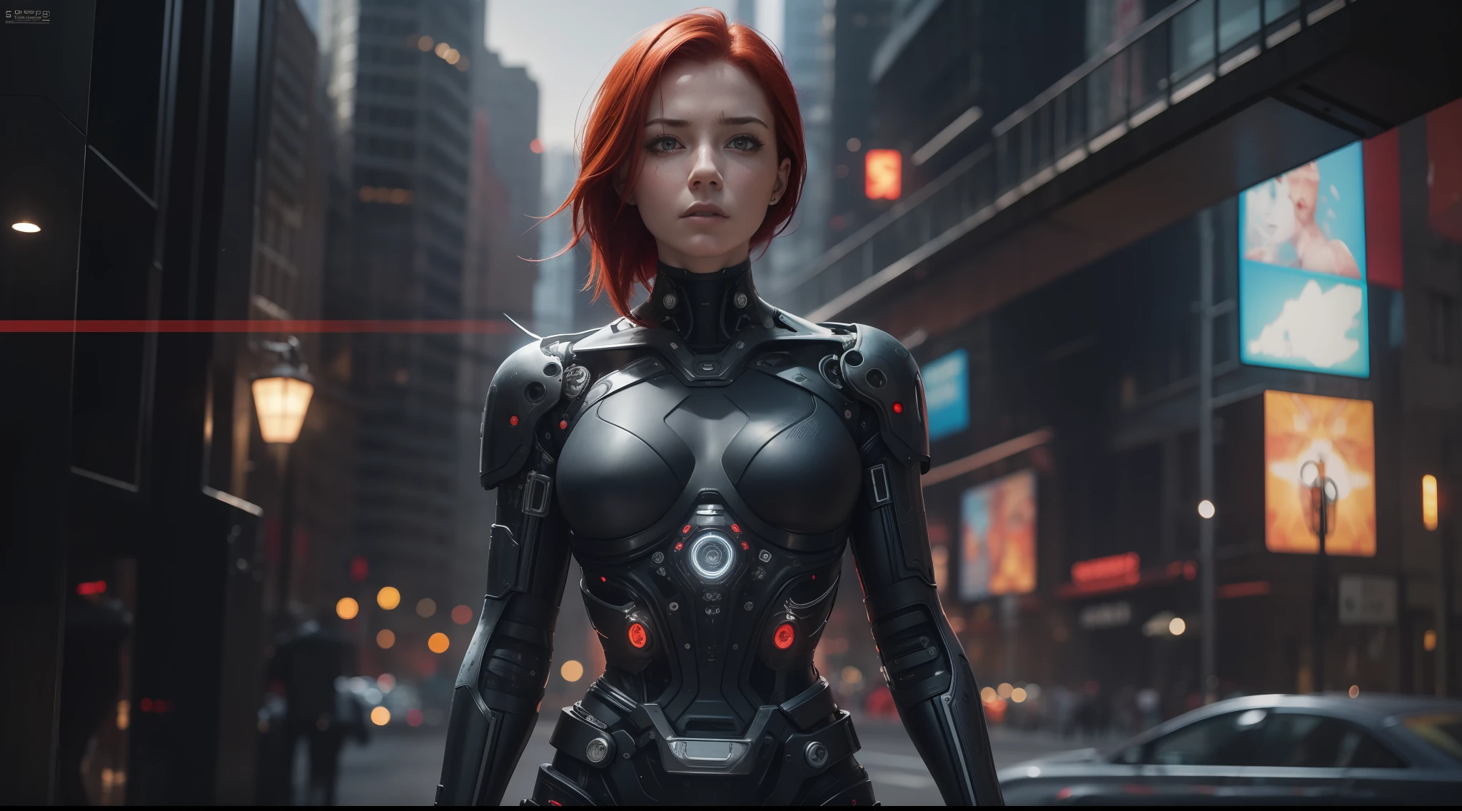 Award-winning photo from the waist up, red-haired woman showing her face, alone, from the torso up, with cybernetic enhancements with tattooing of magical symbols, in front of cyberpunk buildings, vibrant, photorealistic, hyper-realism, strong impressionist painting style, 1,618, elegant, ethereal, intricate, elaborate, hyper-realism, hyper-detailed, strong expressiveness and emotionality, cinematic lighting, visual clarity