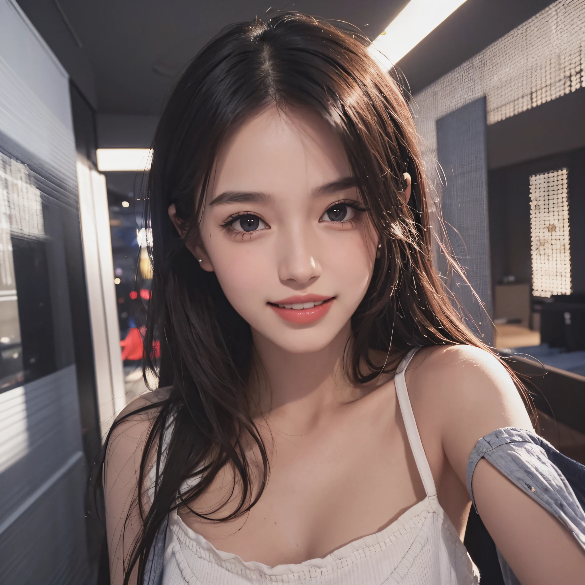 1girl, idol, model, depth of field, photo, film, face, skinny, smile, collarbone,  teeth, movie, camisole, selfie, night, --auto --s2