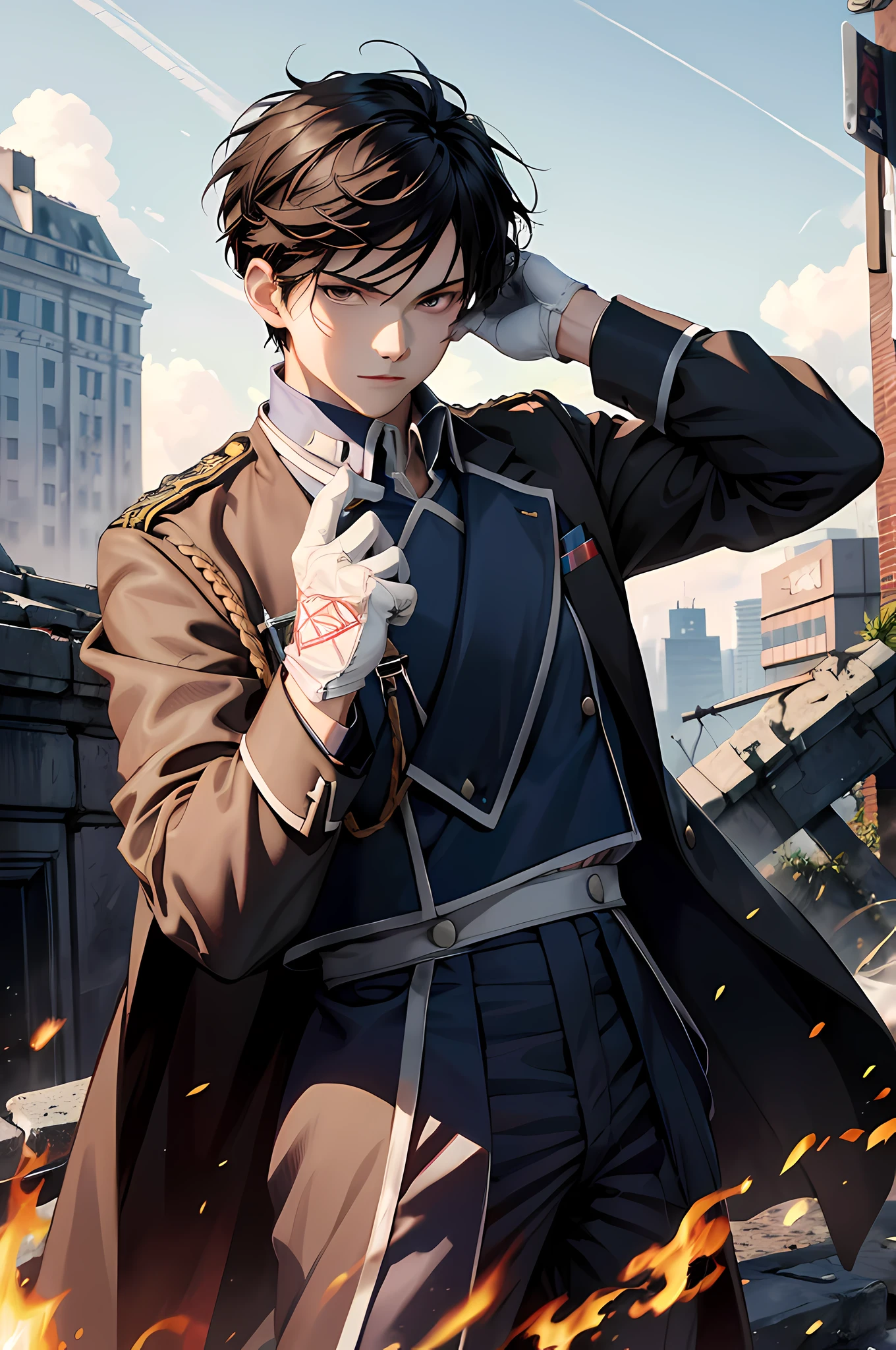 (absurdres, highres, ultra detailed, HDR), masterpiece, best quality, 1boy, short hair, black hair, military uniform, white gloves, solo, handsome, srrounded by flame, ruined city, real shadow