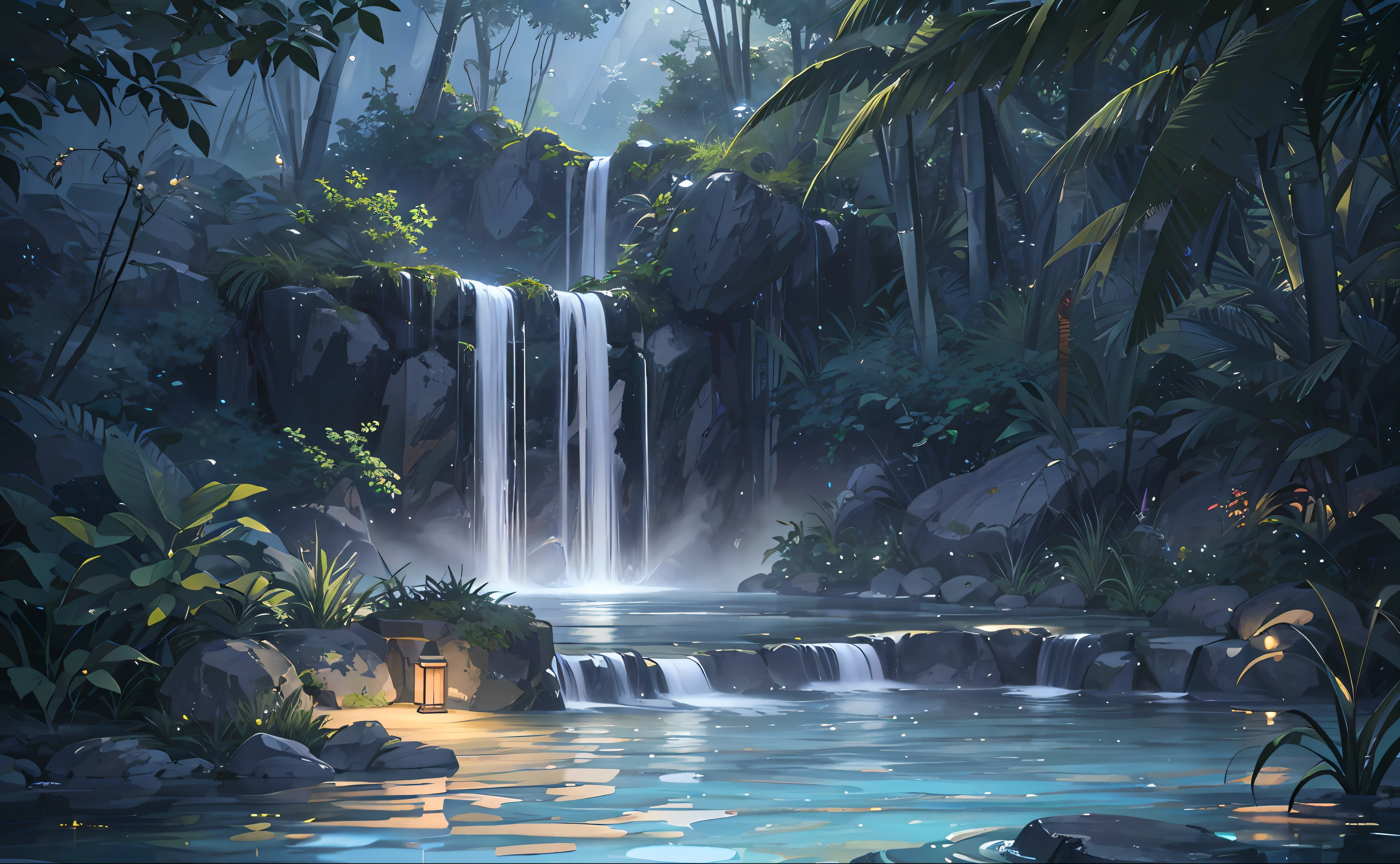 (Looking up) (Hot springs 1:1), (water vapor 1:1), night, bamboo, corners, trees, running water, waterfalls, meadows, rocks, epic composition, realistic lighting, HD details, (very detailed CG unified 8k wallpaper) (high resolution: 1.1), super detailed, illustration, masterpiece, best quality, best quality, (masterpiece: 1.2), submerged, natural lighting, stargazing, open air, (water reflection), night sky, vivid lighting, close-up, clear water,