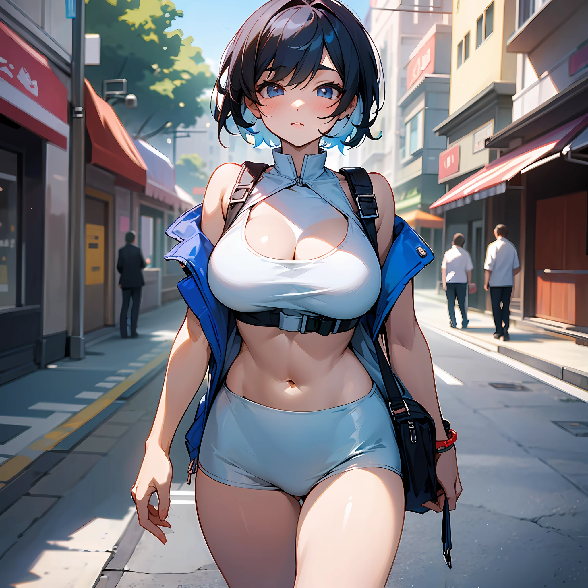 A handsome li with short hair and big breasts in a swimsuit walks down the street --auto --s2