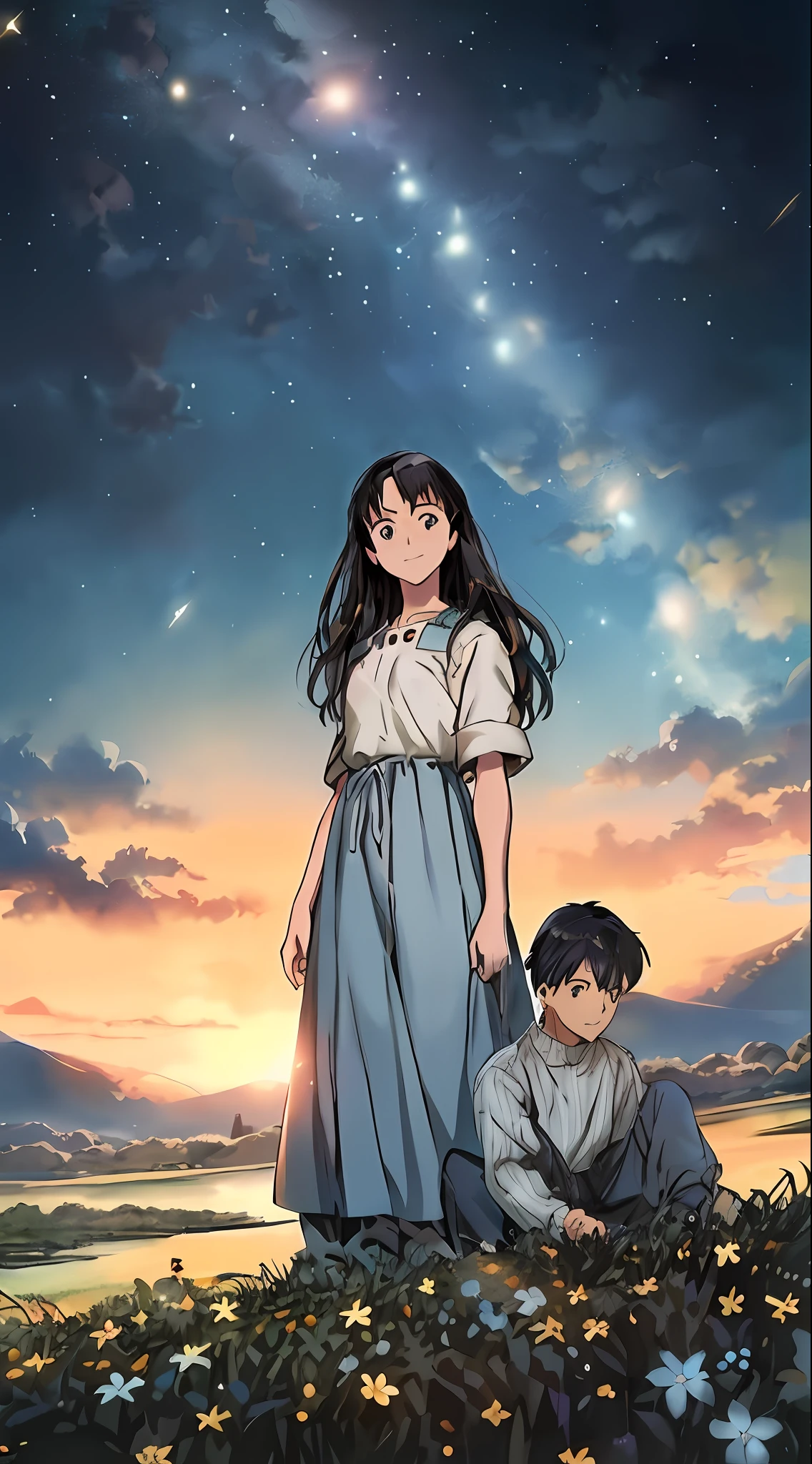 anime scene of a young girl and a boy sitting in a field, ( ( makoto shinkai ) ), sakimichan and makoto shinkai, official art, moebius and makoto shinkai, fiona staples and makoto shinkai, makoto shinkai!!, guweiz and makoto shinkai, in style of makoto shinkai