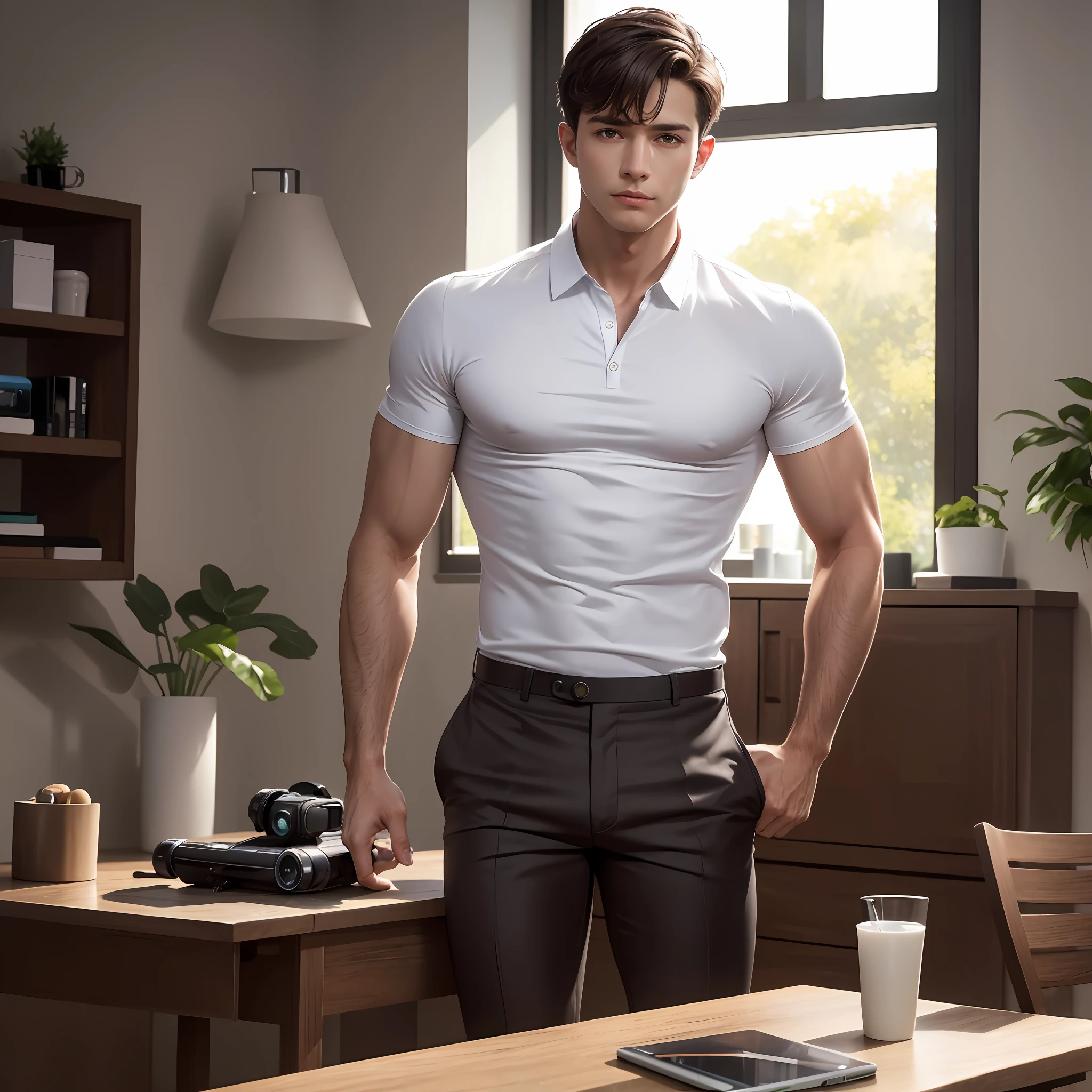 8k resolution, ultra-fine detail, fine picture, intense ray tracing, masterpiece, high quality, detail light, ray tracing, 1 boy, short dark brown hair, full body shot, perfect face, blue ear drill, white shirt, open, eight-pack abs, khaki slacks, sneakers, leaning on table, photo pose