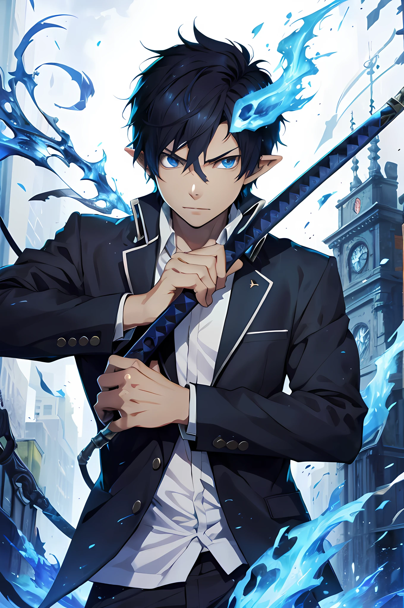 (absurdres, highres, ultra detailed, HDR), masterpiece, best quality, okumura rin, 1boy, solo, handsome, short hair, black hair, school uniform, flame-tipped tail, katana, surrounded by blue flame,