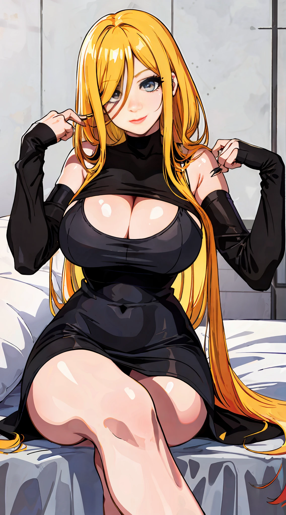 (Masterpiece, best quality), 1 girl, NSFW, crossed_legs, huge breasts, laughs512, dark eyeshadow makeup, dark lips, (black bodycon dress), (aroused_face:1.4), bed, shame, show-off, big chest, panties, light, oversized shirt, (long yellow hair: 1.4), bra,, lying down, legs open, camel finger, cum in tight panties