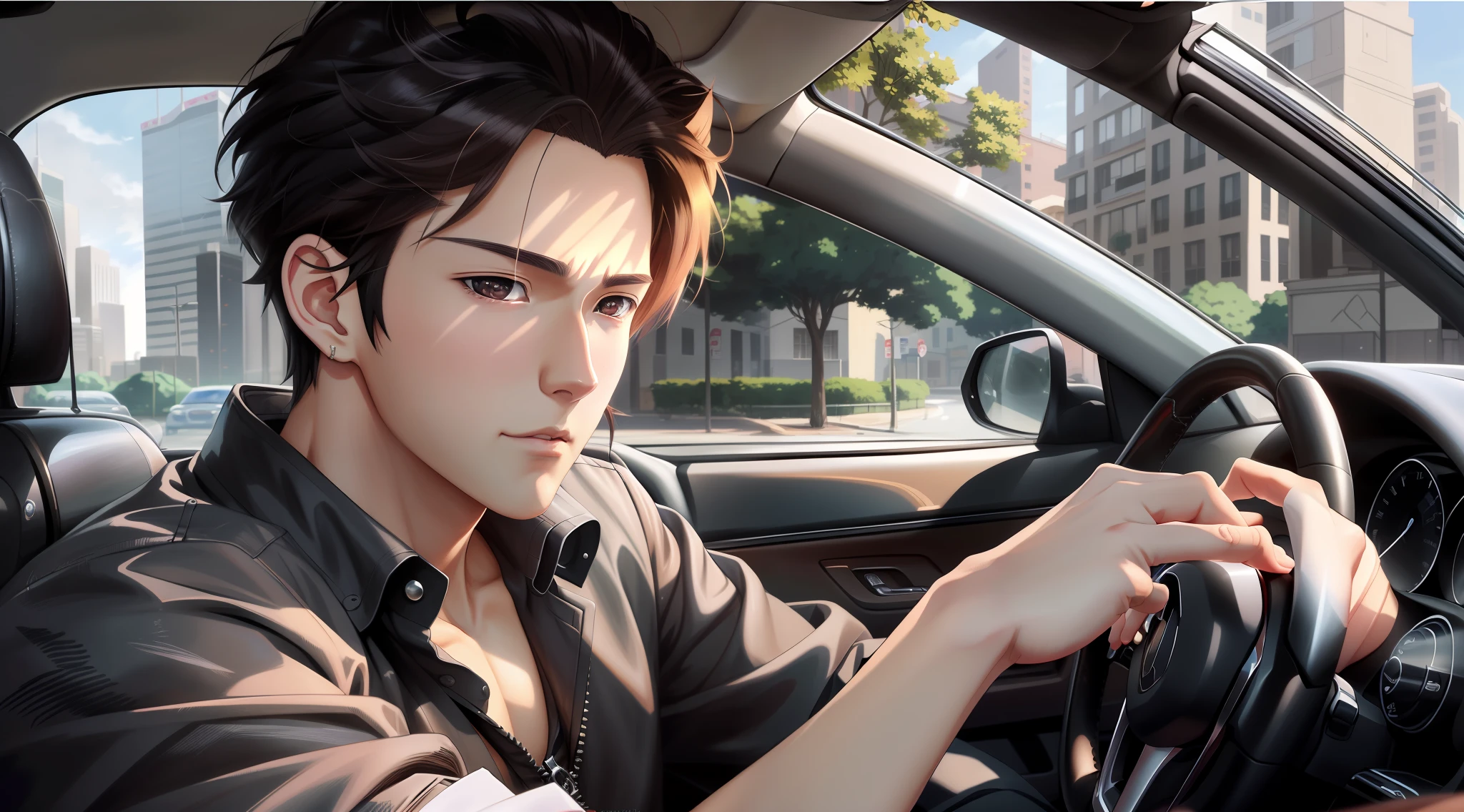 There is a man holding the steering wheel of the car, realistic art style, Guvez style artwork, realistic anime art style, realistic art style, inspired by Naruhiko-kun, anime realism style, realistic anime art style, anime handsome, realistic art style, realistic anime 3D style, surreal anime, anime portrait of a handsome man