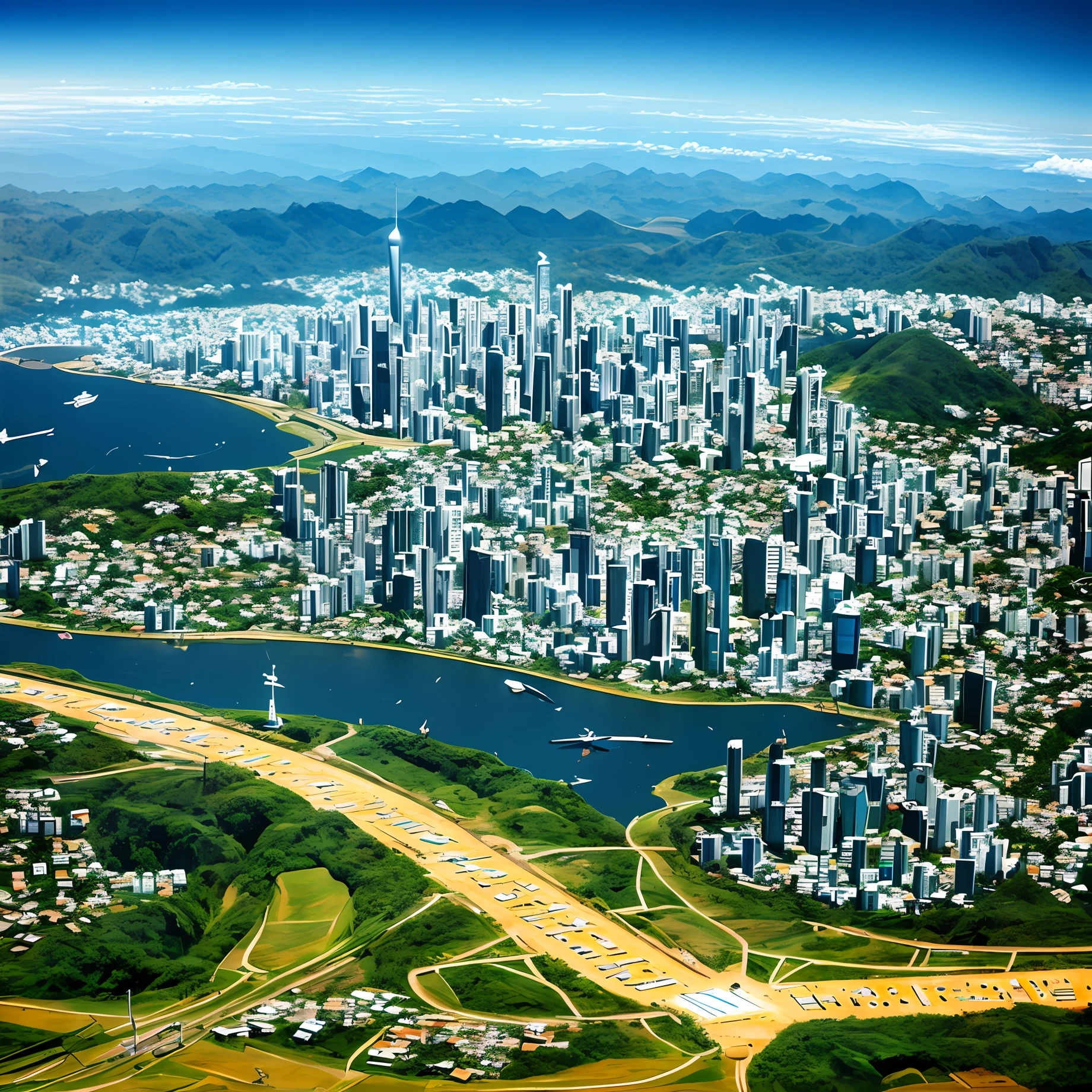 A futuristic city, like a THE LINE, in the middle of the Brazilian northeastern hinterland, ships flying overhead, a Kaballah as a being that illuminates