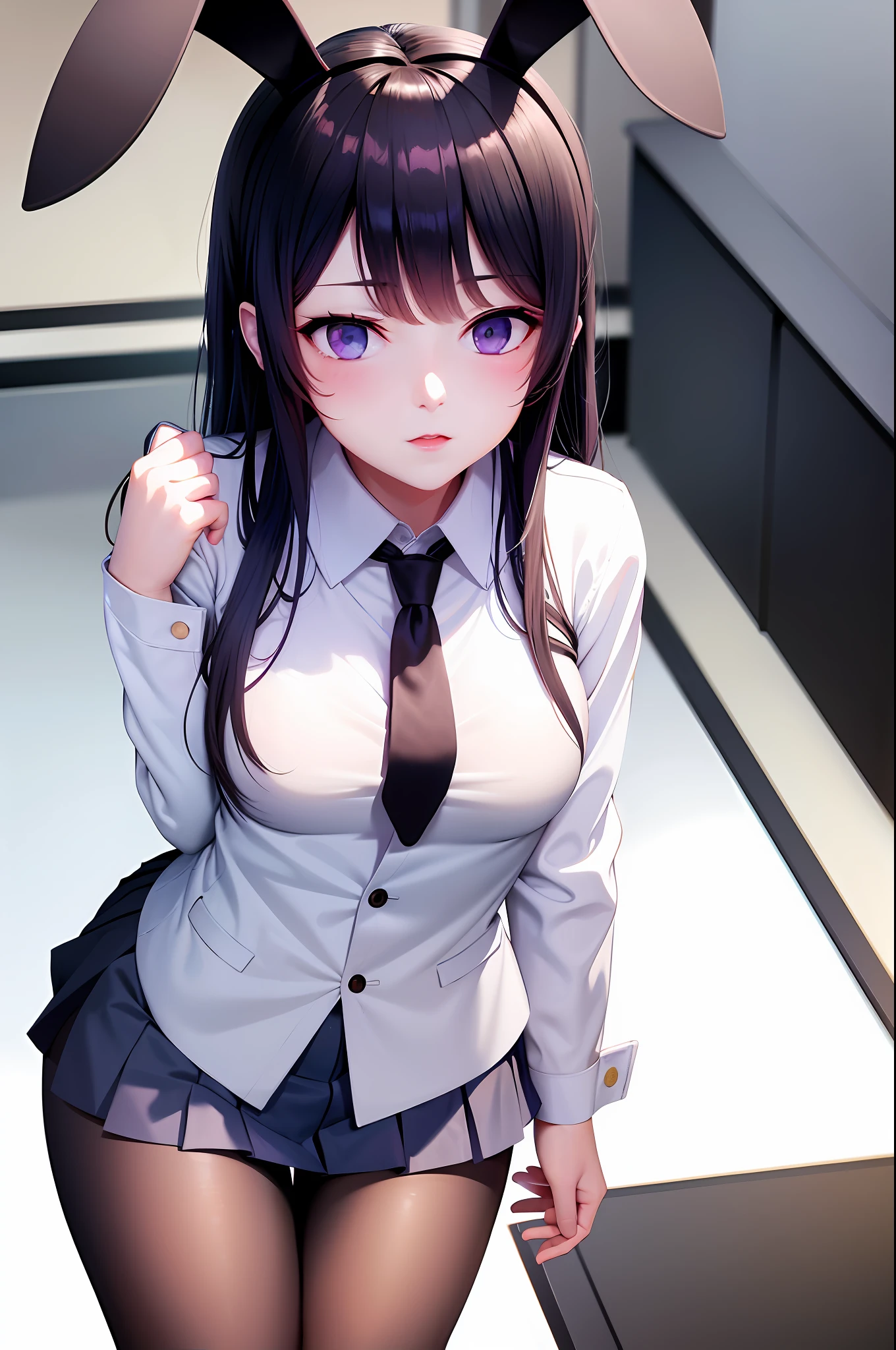 School uniform, white shirt, pantyhose, pleated skirt, tie, rabbit ears, lean forward, mayijan, faint smile, mid_breats, best quality