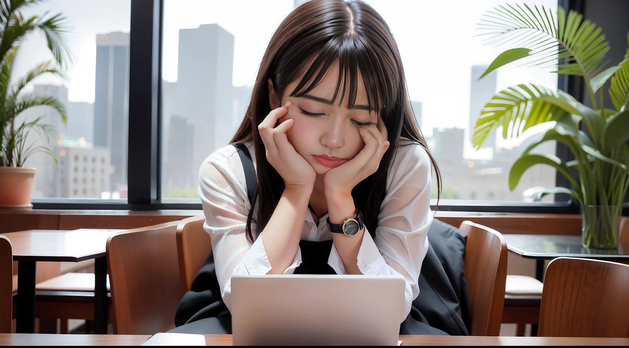 Masterpiece, best quality, highly detailed, girl in professional clothes, sitting in coffee shop, teary eyes, crying, tears in eyes, black hair, laptop.