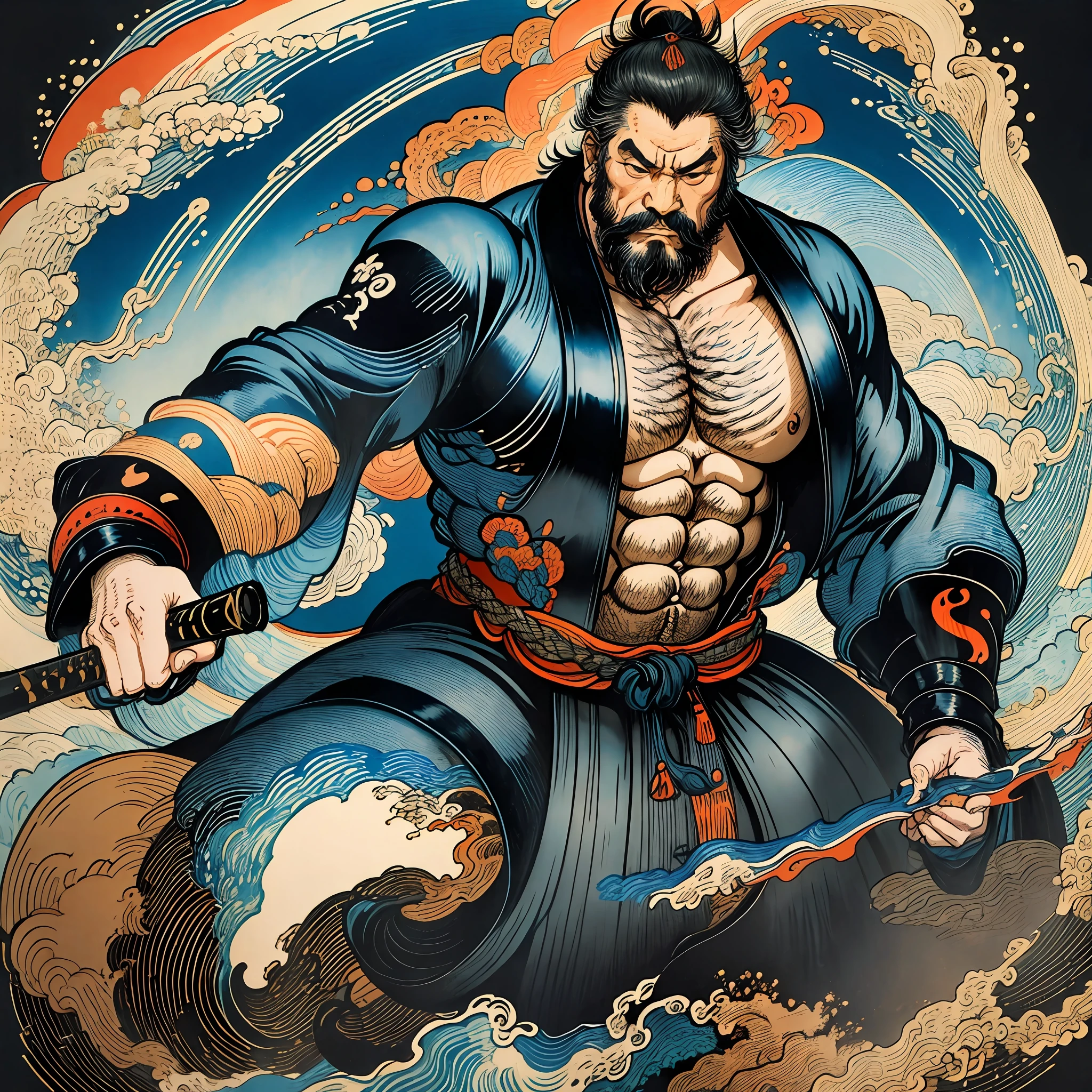 It is a full-body painting with natural colors with Katsushika Hokusai-style line drawings. The appearance of swordsman Miyamoto Musashi fighting with a large body like a strongman. Samurai of Japan. He has a dignified yet manly expression of determination, short black hair, and a short, trimmed beard. About the age of 20s. His upper body is covered with a black kimono, and his hakama should be knee-length and drawn in a flowing shape that flutters in the wind. He holds a Japan sword in his right hand. Standing in the highest quality, in the high-resolution ukiyo-e style lightning and swirling flames of the masterpiece