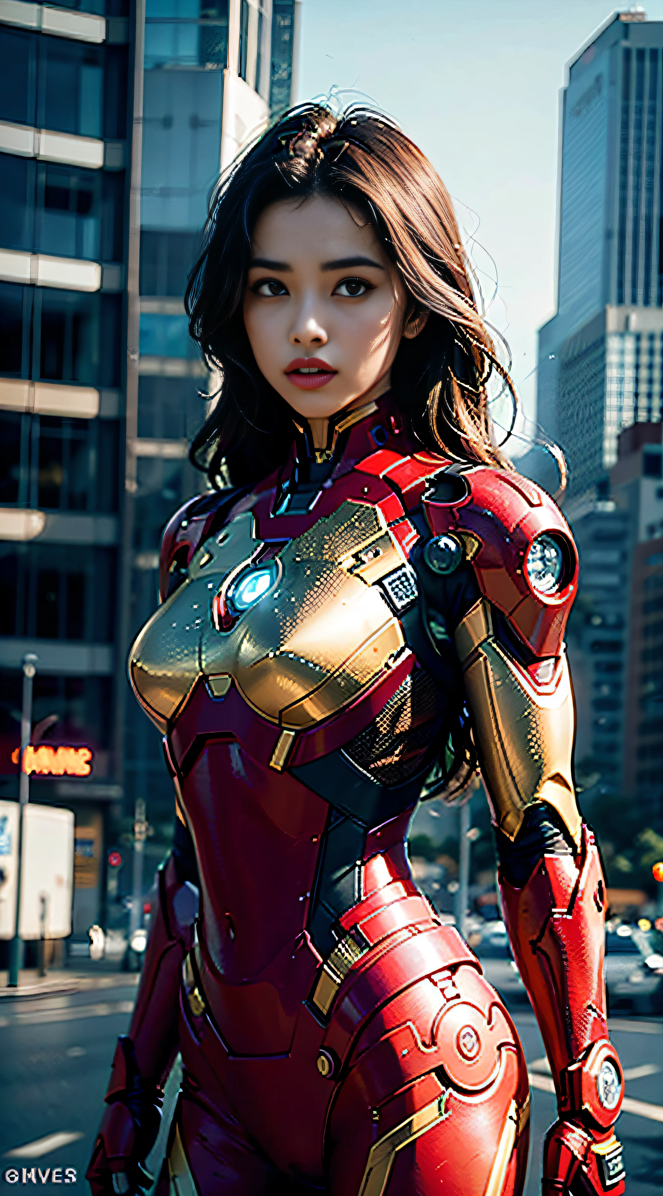8k, realistic, attractive, highly detailed, a 20 year old girl a sexy and attractive woman inspired by Iron Man wearing a shiny Iron Man mech. She dresses with sensuality and confidence, perfectly interpreting Iron Man's strength and charisma. The abandoned warehouse serves as a backdrop, creating a unique atmosphere that highlights her bravery and perseverance. The tall buildings and buildings on the street exude the unique charm of cyberpunk, and the neon light outlines the outline of the city, which sets off the powerful strength and personality charm of Iron Man. This high-definition, high-quality picture will bring you stunning visual enjoyment, a perfect combination of sexy, futuristic and sci-fi elements. oc rendering, dramatic lighting, award winning quality
