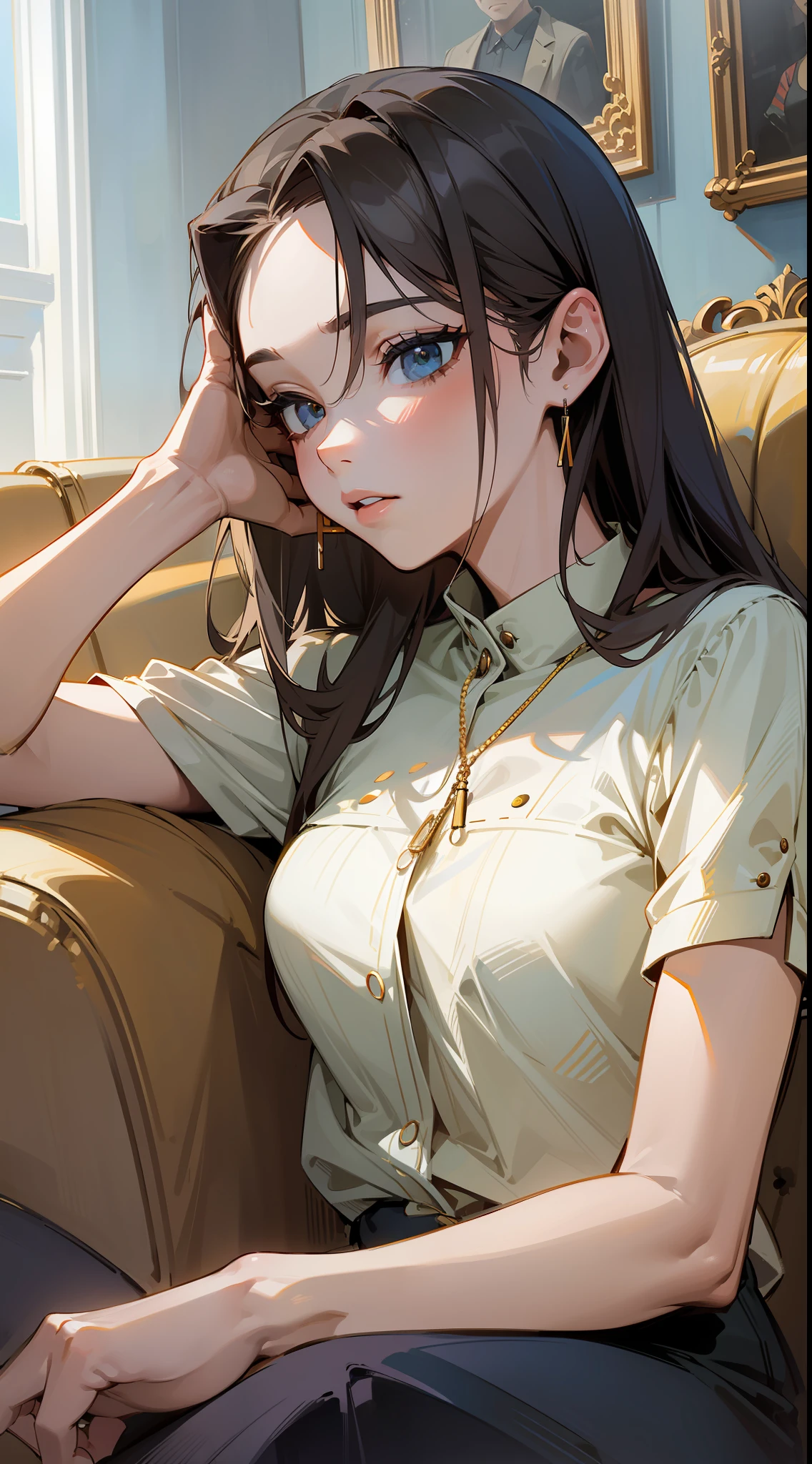 Masterpiece, of the best quality, a woman sitting on the sofa, watching her phone intently to listen to music, sofa, living room, earplugs, ati gailin style
