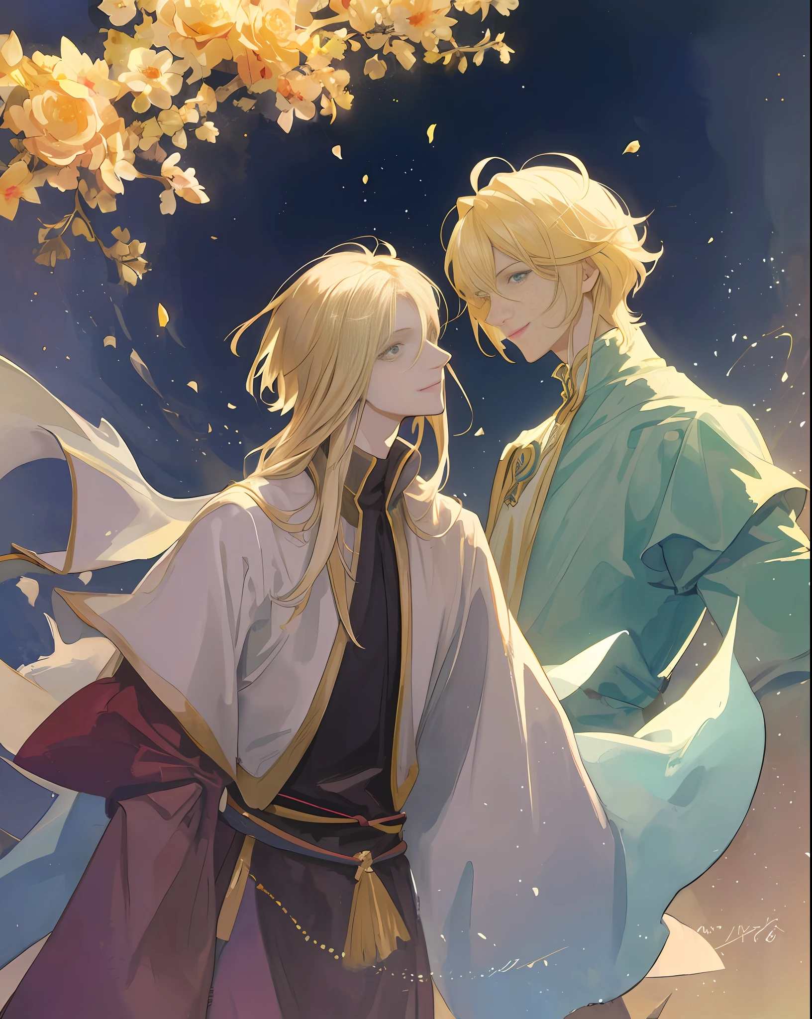 ((Best Quality, Masterpiece)), Comic Art, Concept Art, Watercolor, Two very beautiful young men smiling at each other, blond long-haired young man in robes, mature tall muscular knight with short hair, smiling, posing, particle, wind, flower, upper body, sky, looking at viewer, using backlight and rim light