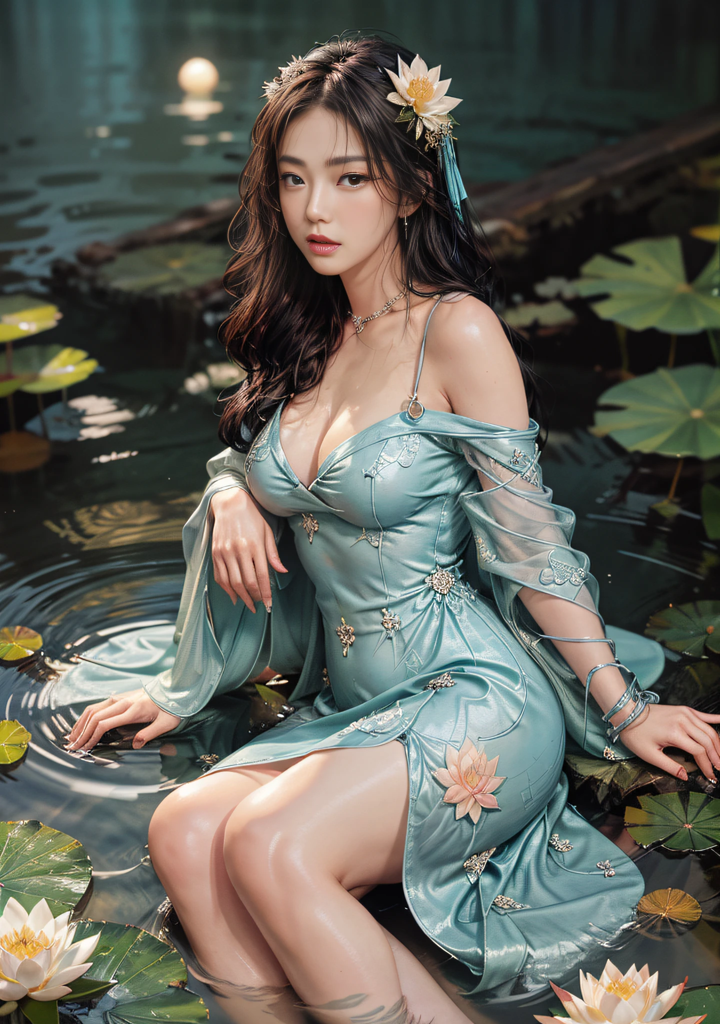 Sitting by a lake full of lotus flowers, feet playing in the water, the art depicts a charming woman with a melon face, dressed in a flowing, silky traditional oriental dress, long, aqua blue, decorated with intricate patterns and bright colors. Her dress drapes elegantly over her curvy figure, accentuating her seductive silhouette. She sits gracefully by the tranquil lotus lake, her feet playing in the water, bathed in the soft glow of the moonlight. The scene exudes an ethereal and dreamy atmosphere, with a touch of mystery and sexiness. The graphic style blends watercolor and digital illustration techniques to evoke a refined beauty and charm. The lights are filled with soft moonlight, casting soft highlights and shadows on her charming features. Bare thighs, big breasts, three-dimensional facial features, sitting, upturned legs, side braids