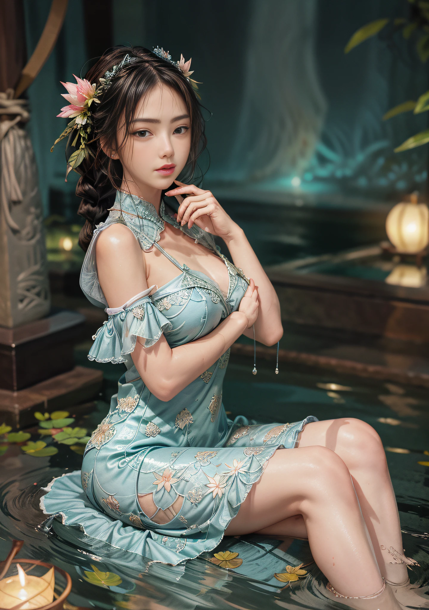 Sitting by a lake full of lotus flowers, feet playing in the water, the art depicts a charming woman with a melon face, dressed in a flowing, silky traditional oriental dress, long, aqua blue, decorated with intricate patterns and bright colors. Her dress drapes elegantly over her curvy figure, accentuating her seductive silhouette. She sits gracefully by the tranquil lotus lake, her feet playing in the water, bathed in the soft glow of the moonlight. The scene exudes an ethereal and dreamy atmosphere, with a touch of mystery and sexiness. The graphic style blends watercolor and digital illustration techniques to evoke a refined beauty and charm. The lights are filled with soft moonlight, casting soft highlights and shadows on her charming features. Bare thighs, big breasts, three-dimensional facial features, sitting, upturned legs, side braids