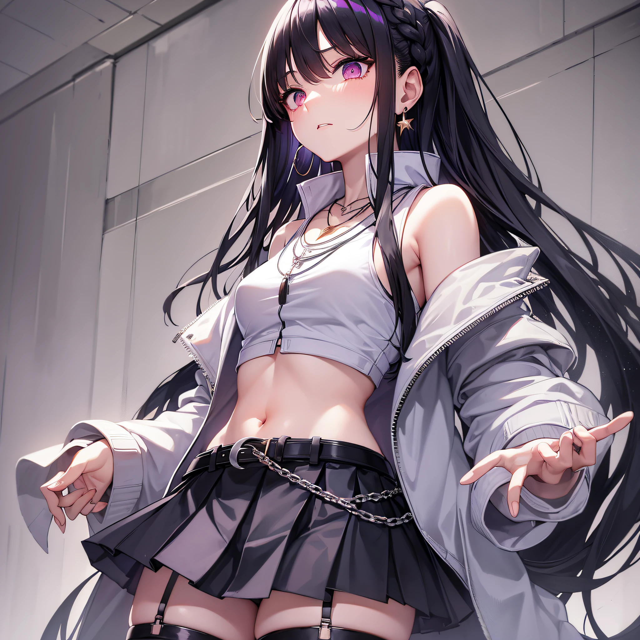 1 girl, solo, skirt, dwarf, navel, stomach, shirt, necklace, mini skirt, sleeveless, jacket, jewelry, earrings, thighs, braid, belt, standing, sky, undershirt, night, chain, sideburns, expressionless, thighs, long hair, crop top , sleeveless shirt, shoulders, bare shoulders, look at the audience, spaghetti band, denim lens, pleated skirt, white jacket, very long hair, white shirt, open jacket, black necklace, black hair, white skirt, thigh straps, red eyes, revealing clothes, long sleeves, Purple eyes, Zetai Ryūki, black shirt, stars (sky),