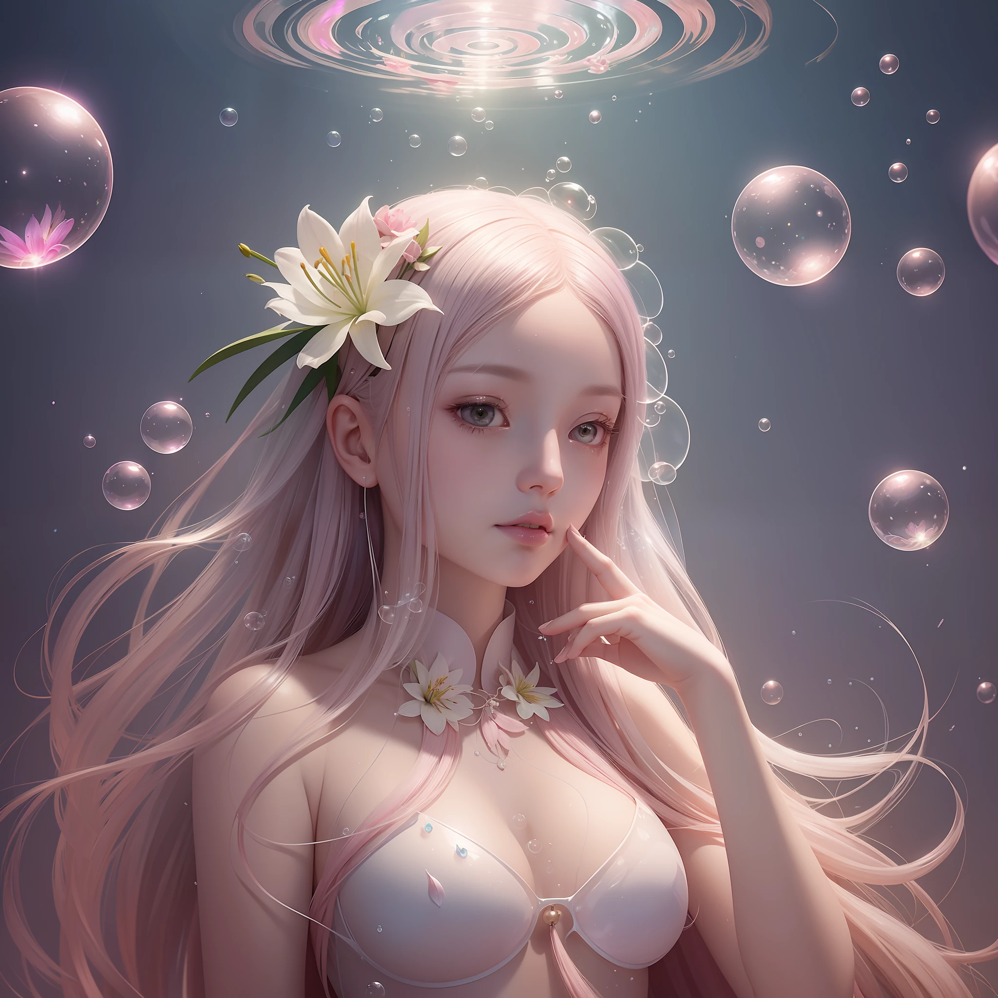 Drawing a woman with pale pink hair and flowers in her hair, a digital painting inspired by Zheng Yanjun, Artstation, pop surrealism, soft milky white film, ethereal hologram center, glass skin, lily, shot from below, bubbles rising upwards, surrounded by bubbles --auto --s2