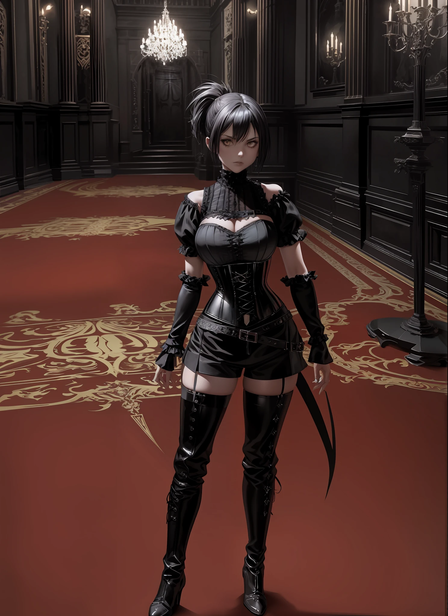 (Gothic style corset), (short hair and ponytail: 1.3, thigh-high boots: 1.2), large breasts, dark tones, dark ambient background, mysticism and darkness in the scene., magician bacculo surrounded by dark fire, throwing an echizo, one person