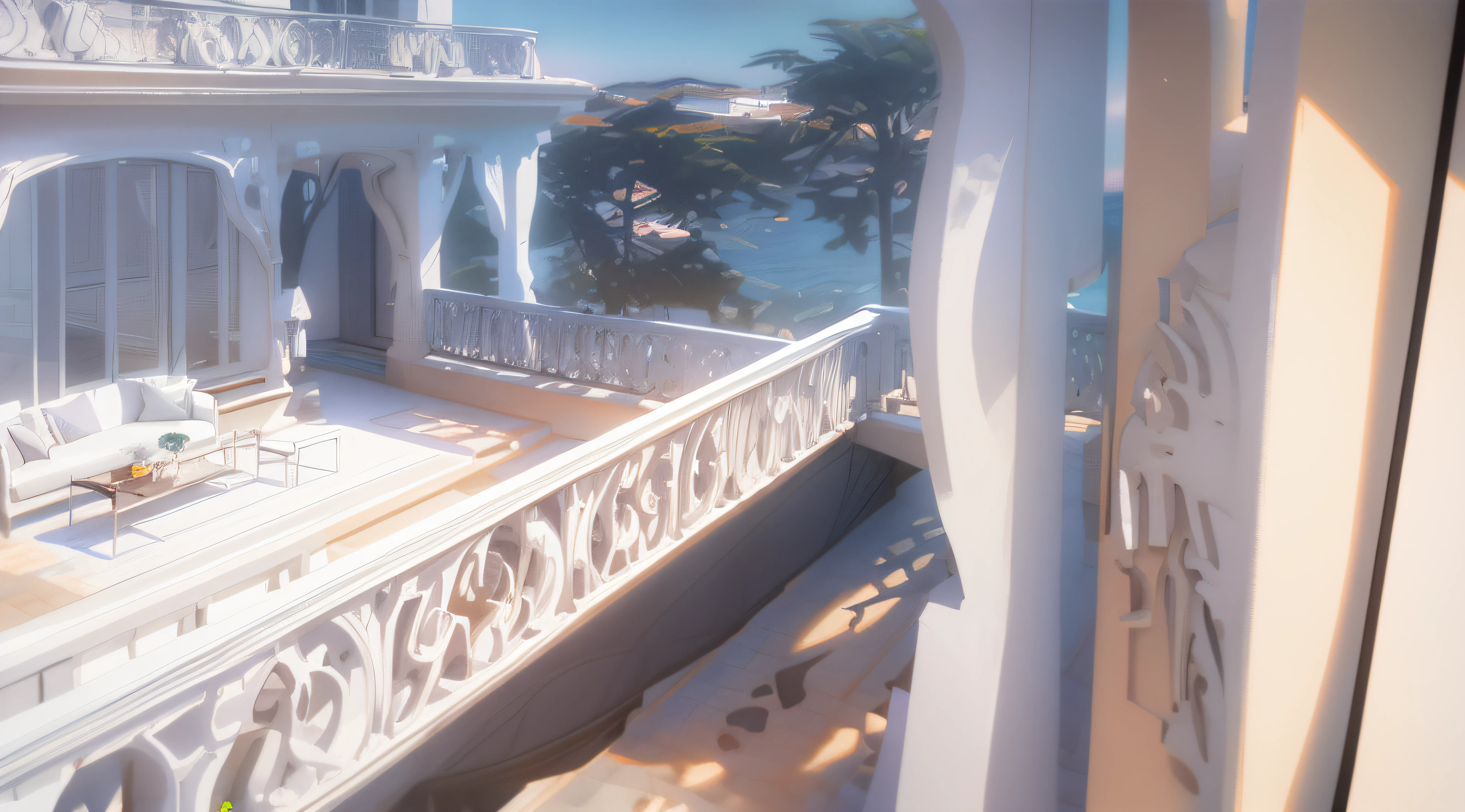 Looking down from the balcony there is also a balcony, facing the sea, exquisite stereoscopic rendering, pure white architecture, white, light and shadow rendering, artistic picture