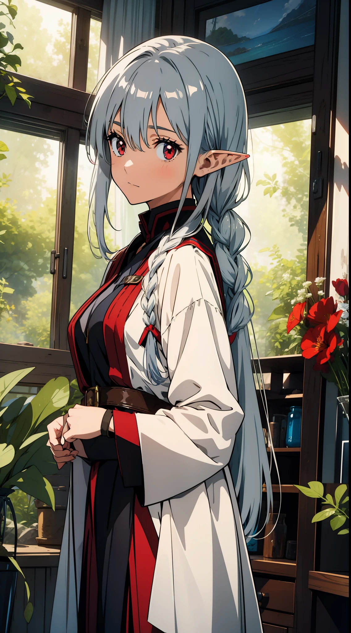 1 girl closeup, elf, silver hair, red eyes, braid, checking her body, puzzled, concept art, beautiful anime scene, top rating on pixiv