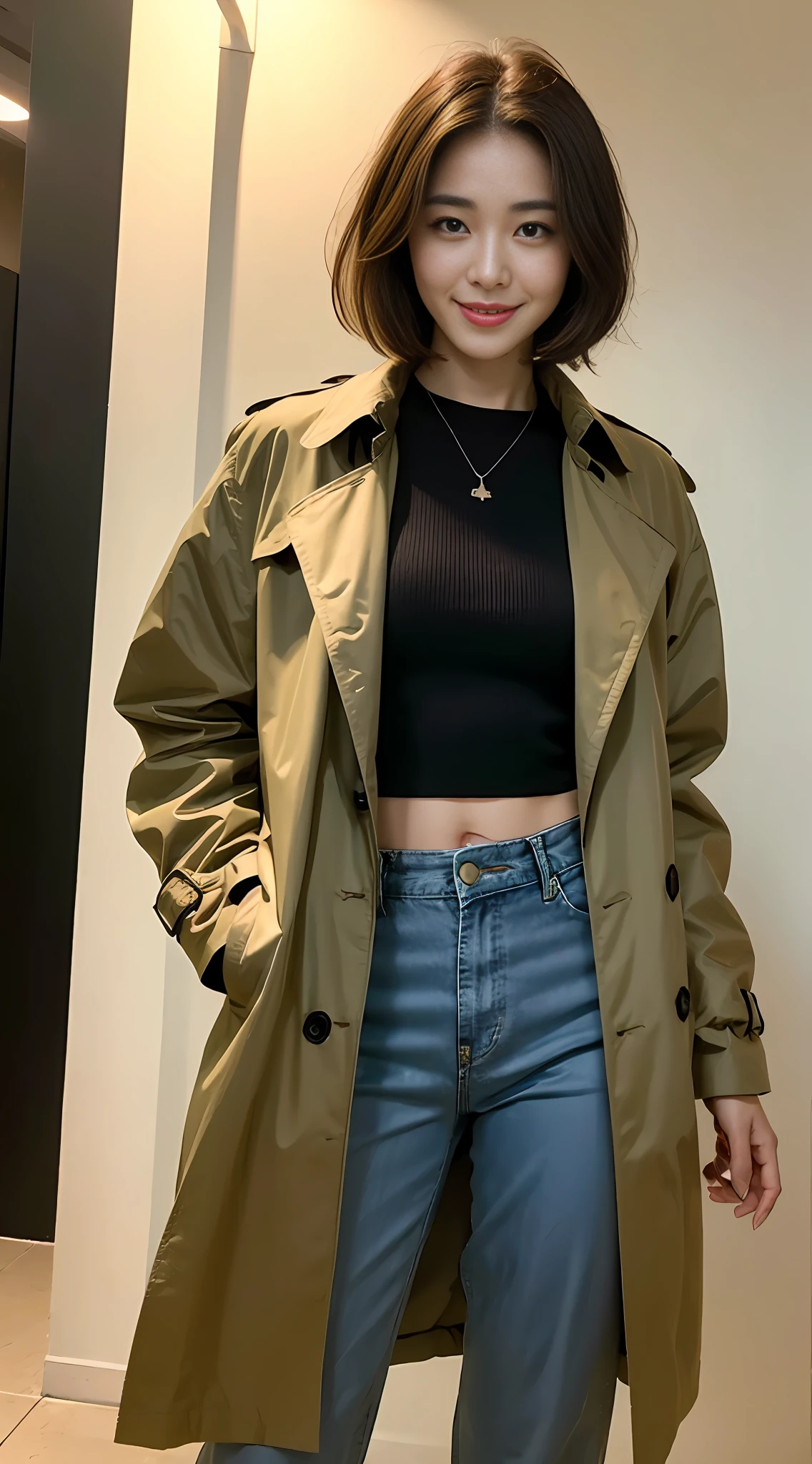 ((Realistic lighting, Best quality, 8K, Masterpiece: 1.3)), Clear focus: 1.2, 1girl, Perfect figure beauty: 1.4, short hair beauty, slender abs: 1.1, ((dark brown hair)), (trench coat: 1.4,), (loose trousers: 1.4, trend: 1.4), in the prairie, super fine face, fine eyes, double eyelids, smile