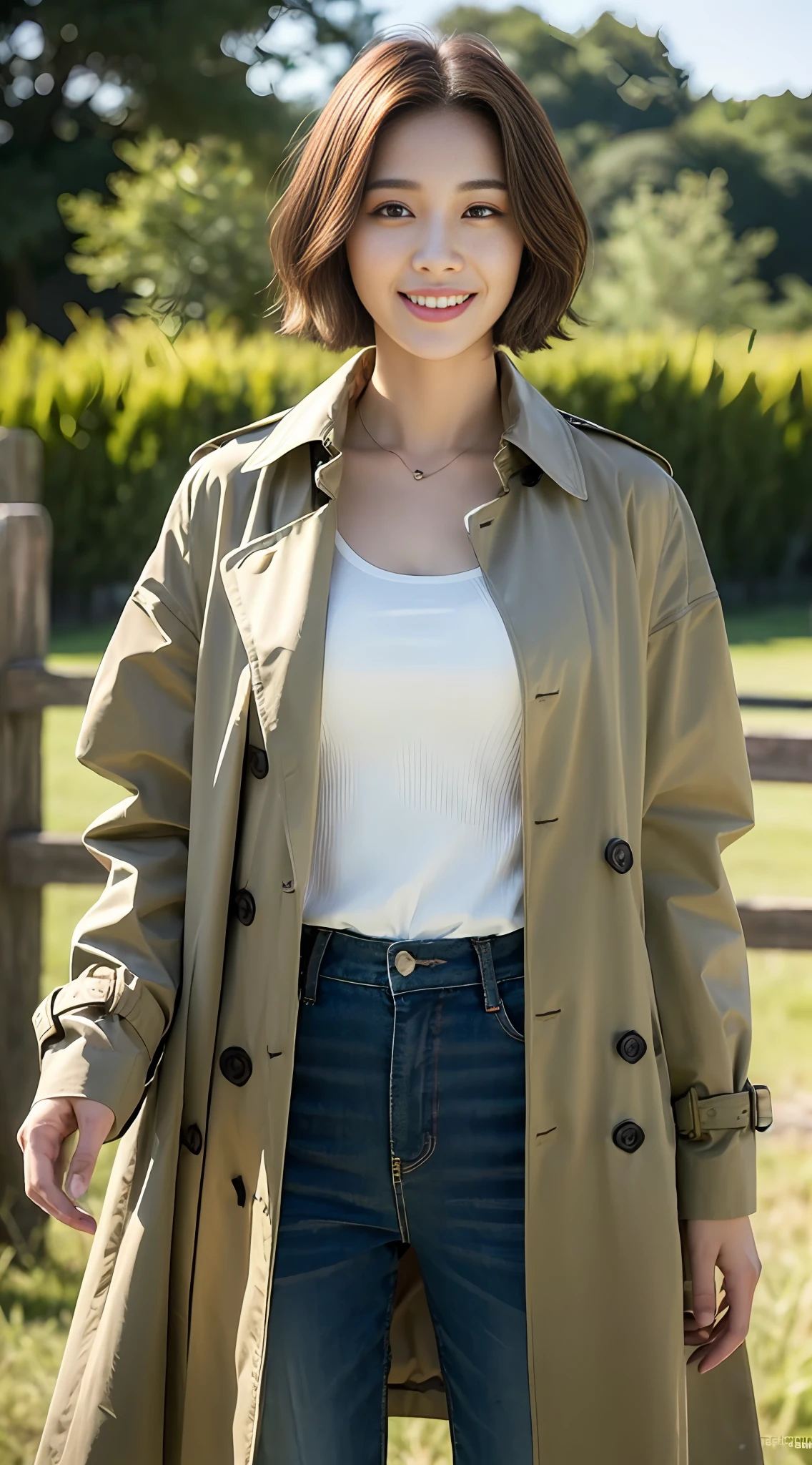 ((Realistic lighting, Best quality, 8K, Masterpiece: 1.3)), Clear focus: 1.2, 1girl, Perfect figure beauty: 1.4, short hair beauty, slender abs: 1.1, ((dark brown hair)), (trench coat: 1.4,), (loose trousers: 1.4, trend: 1.4), in the prairie, super fine face, fine eyes, double eyelids, smile
