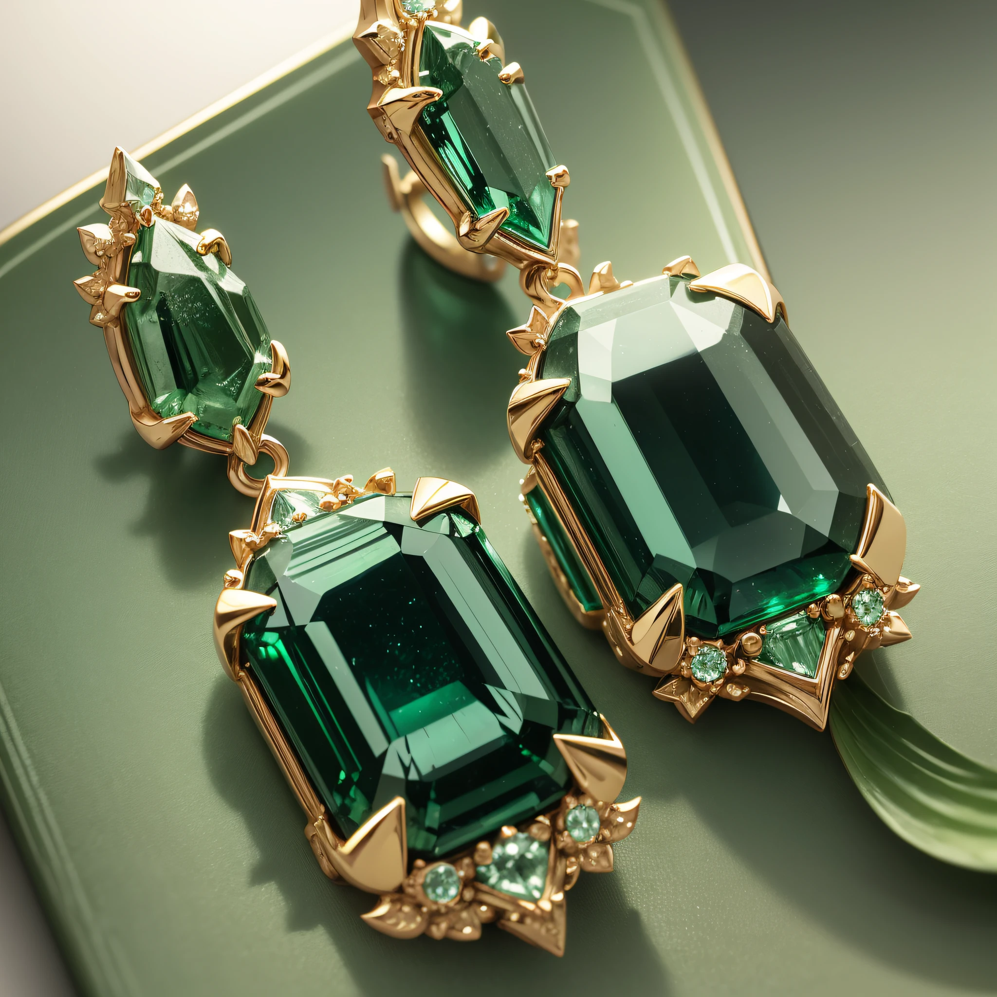 Masterpiece, HD detail, simple background, HDR, (8k!! High image quality, emerald and white diamond pendant close-up display) :(elegant green and dark green earrings, green jewelry and emerald jewelry, with gold earrings and small stud earrings, beautiful), (the shooting angle is from the top, the picture is green and gold, the visual effect is beautiful). --auto --s2
