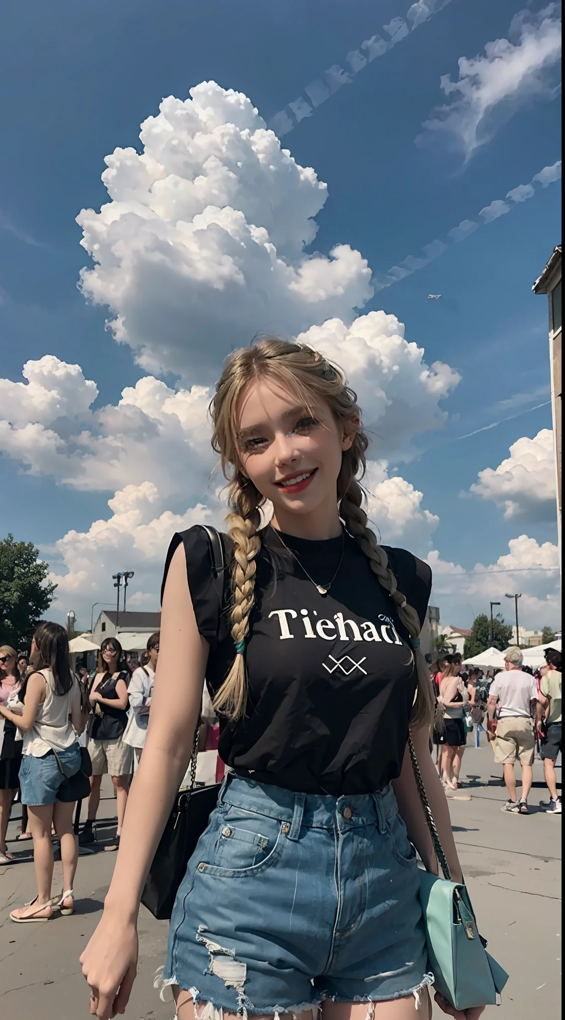 girl, solo, dress, blonde, green eyes, braids, shorts, outreach, first view, outdoors and looking at the audience, clouds, sky, smile, wind, shoot from below,