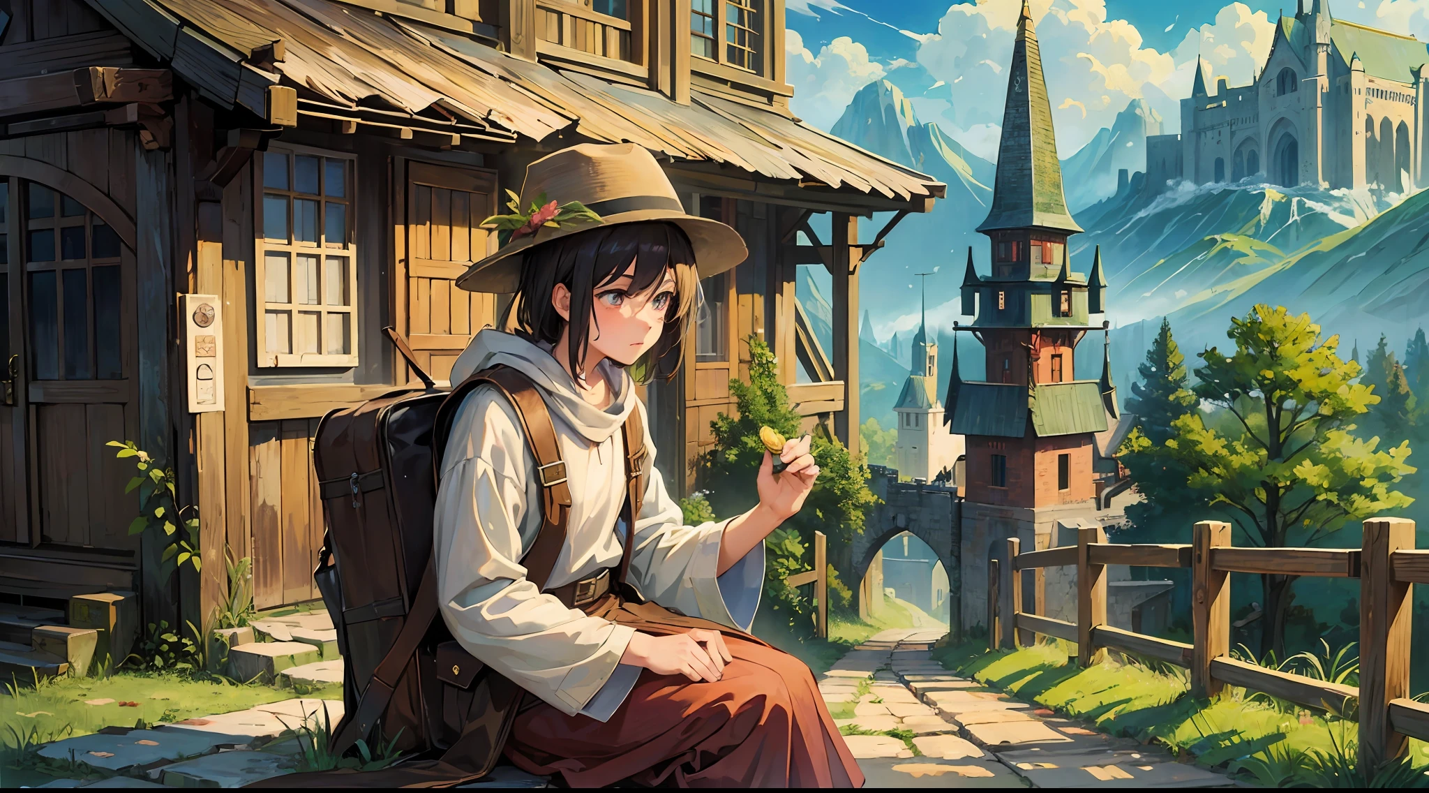 (masterpiece), (best quality), (anime), (rustic), (old), 1young traveler holding 1coin on a road near a beautiful castle (coin) --auto --s2