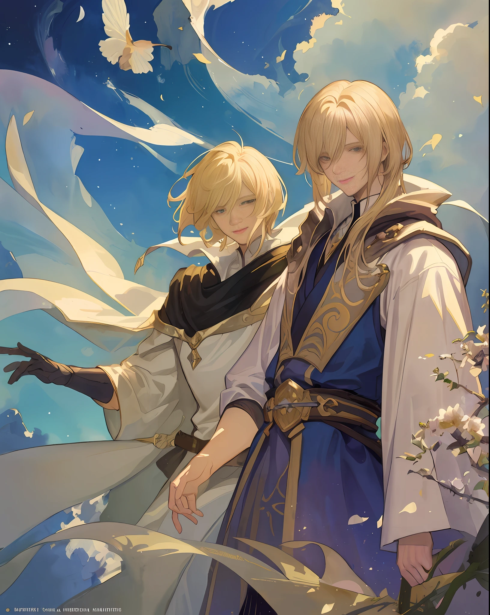 ((Best Quality, Masterpiece)), Comic Art, Concept Art, Watercolor, Two very beautiful young men smiling at each other, blond long-haired young man in robes, mature tall muscular knight with short hair, smiling, posing, particle, wind, flower, upper body, sky, looking at viewer, using backlight and rim light