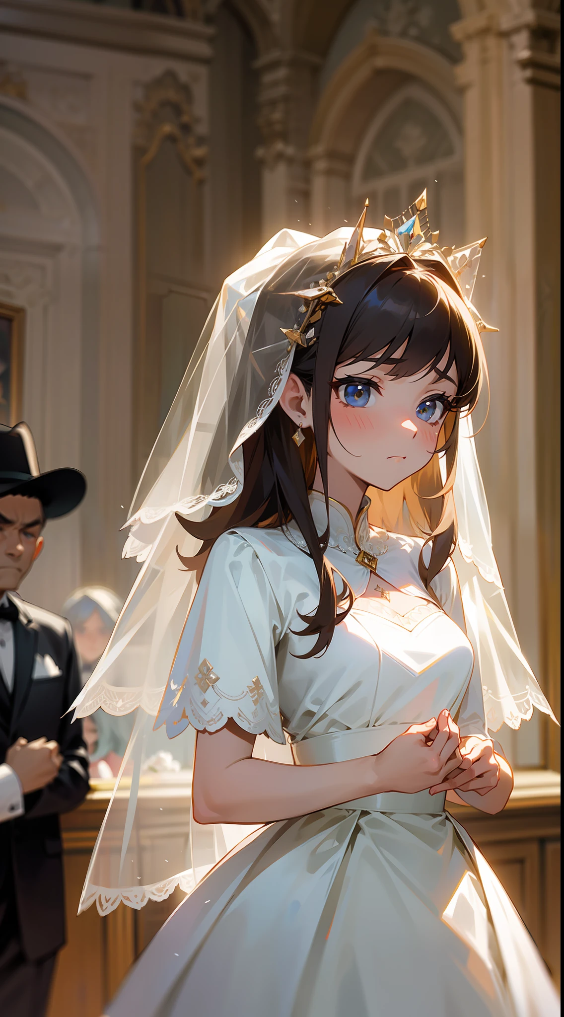 a masterpiece，the best quality，A Western-style wedding bride is expressionless，Unhappy，Wedding scene，Lots of guests，Artie Guélin style