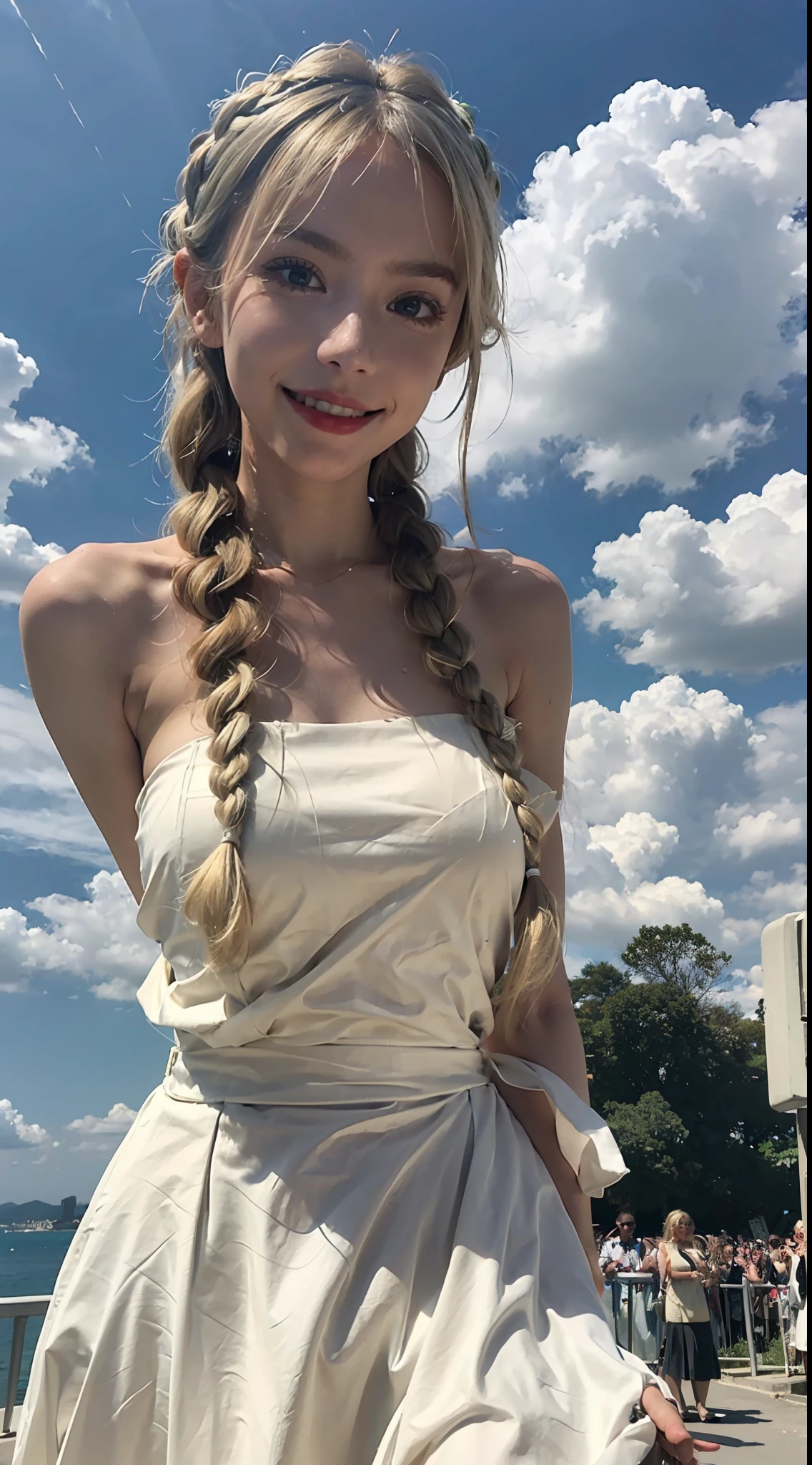 1 girl, solo, dress, blonde, green eyes, braids, white dress, reach out, first view, outdoors, looking at the audience, clouds, bare shoulders, sky, smile, wind, shoot from below, sydney