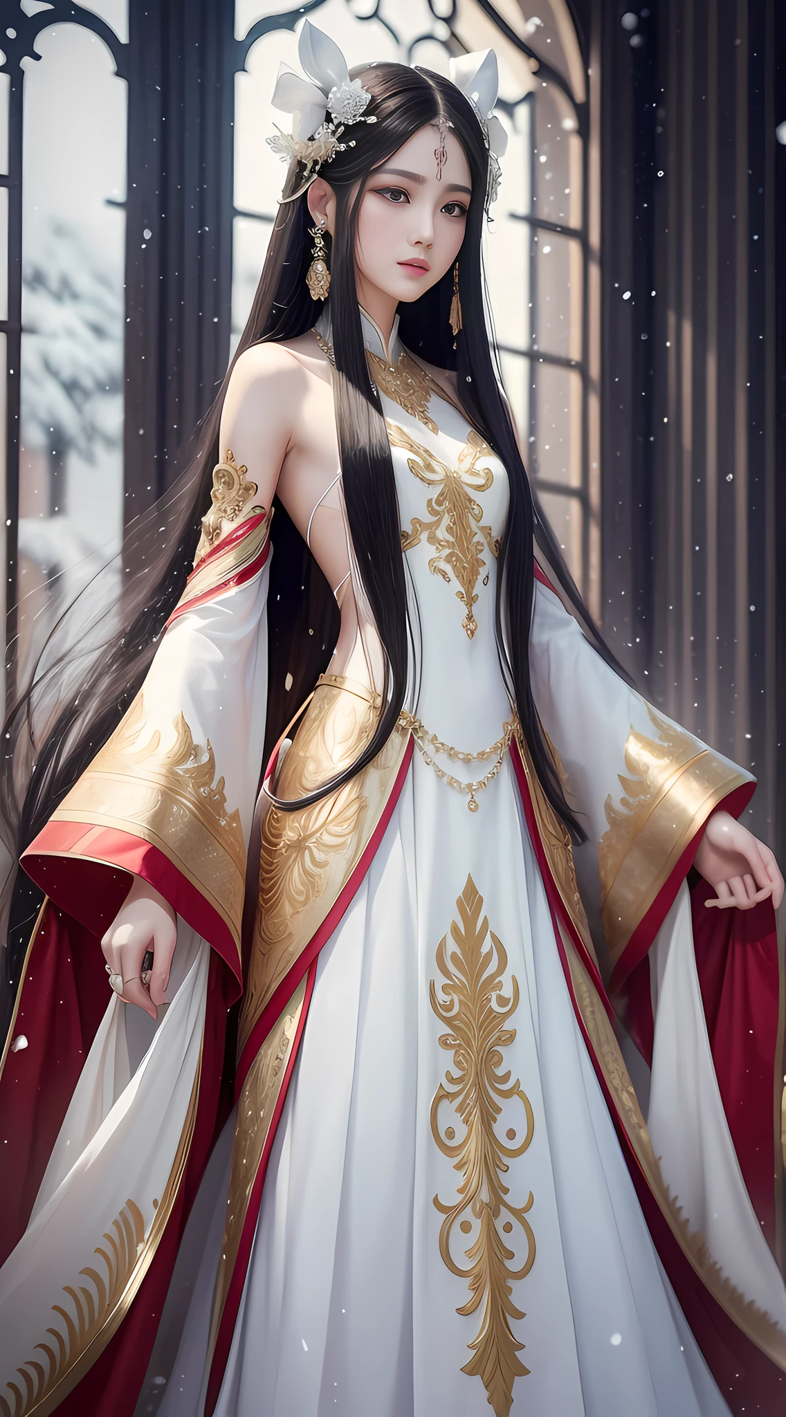 Long hair like snow appears in the art of Güwiz, bows dot its hair, meticulous style, in the picture, dignified and elegant, but also sexy, delicate, soft tones, as if the champion of the whole game, perfect body proportions, slender long legs, realistic style.