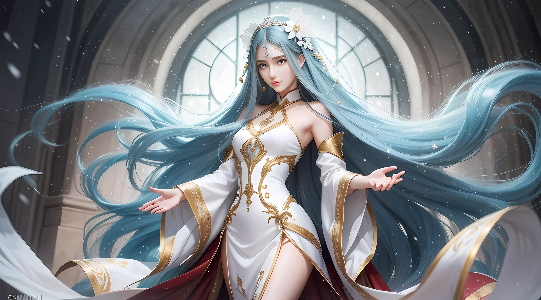 Long hair like snow appears in the art of Güwiz, bows dot its hair, meticulous style, in the picture, dignified and elegant, but also sexy, delicate, soft tones, as if the champion of the whole game, perfect body proportions, slender long legs, realistic style.