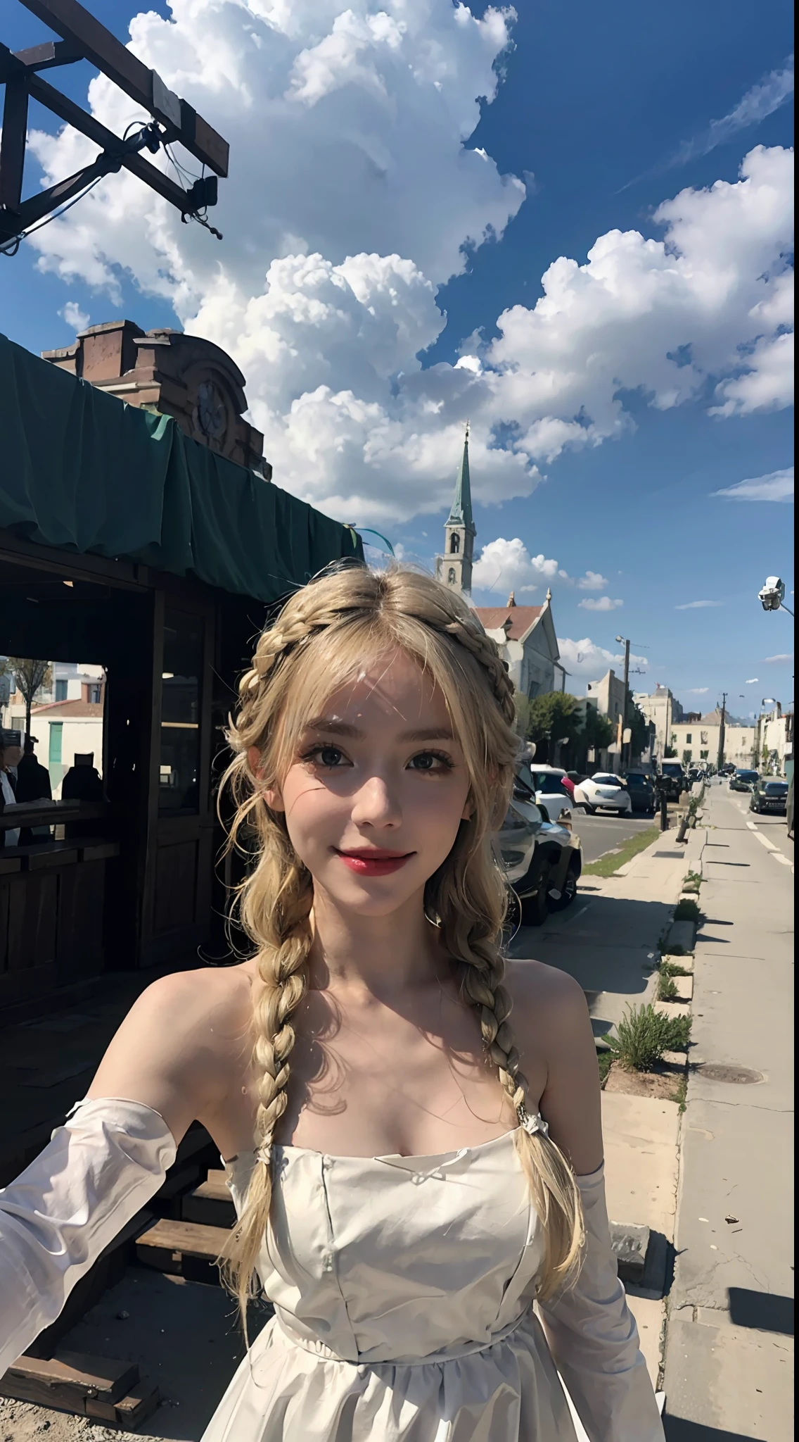 1 girl, solo, dress, blonde, green eyes, braids, white dress, reach out, first view, outdoors and look at the audience, clouds, bare shoulders, sky, smile, wind from below,