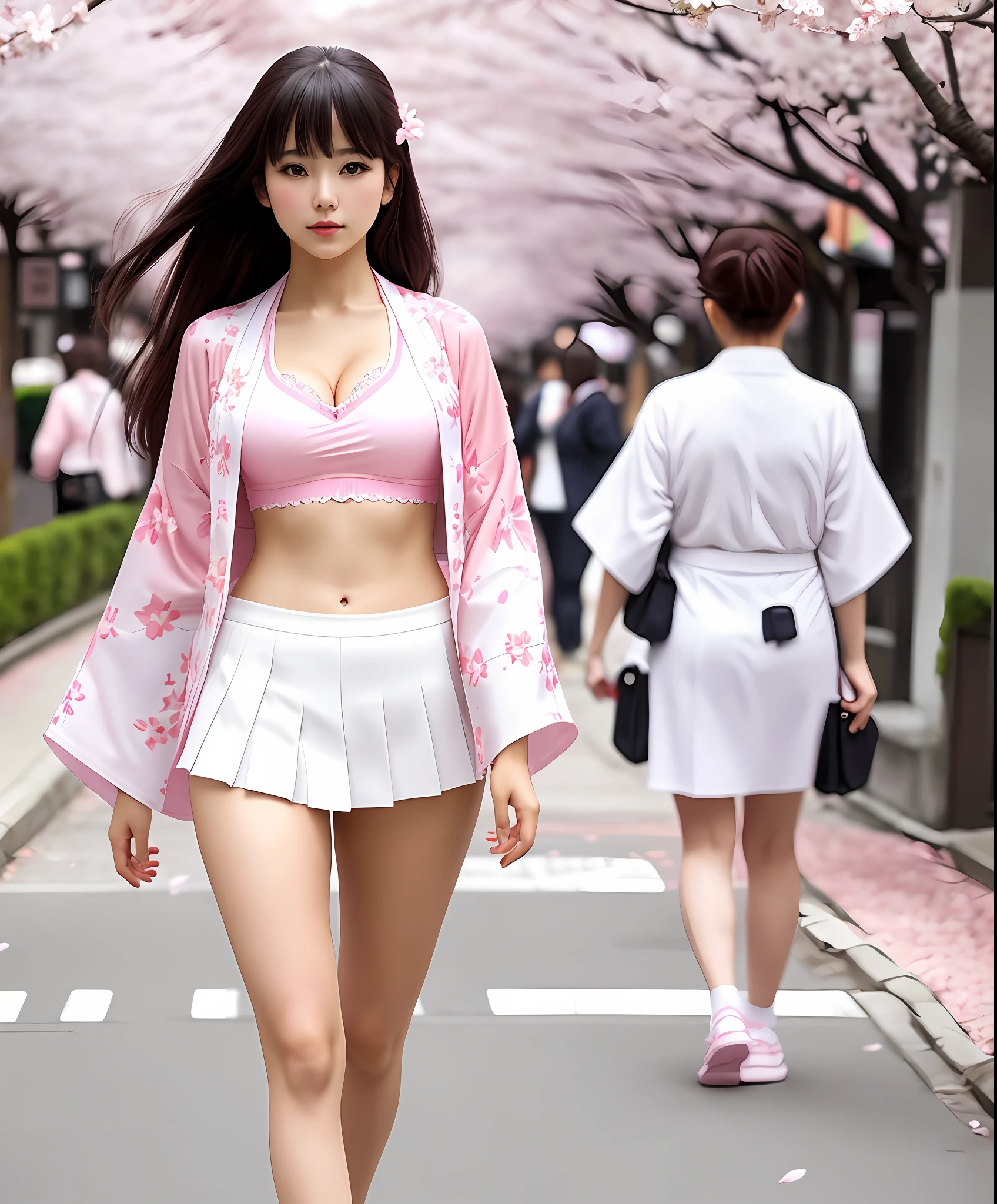 girl walking down the street in pink bra top and white panties, model girl, outgoing woman, upper body with a white kimono, kimono embellished with cherry blossoms, Japanese bold open style, high fashion, realistic perfect figure