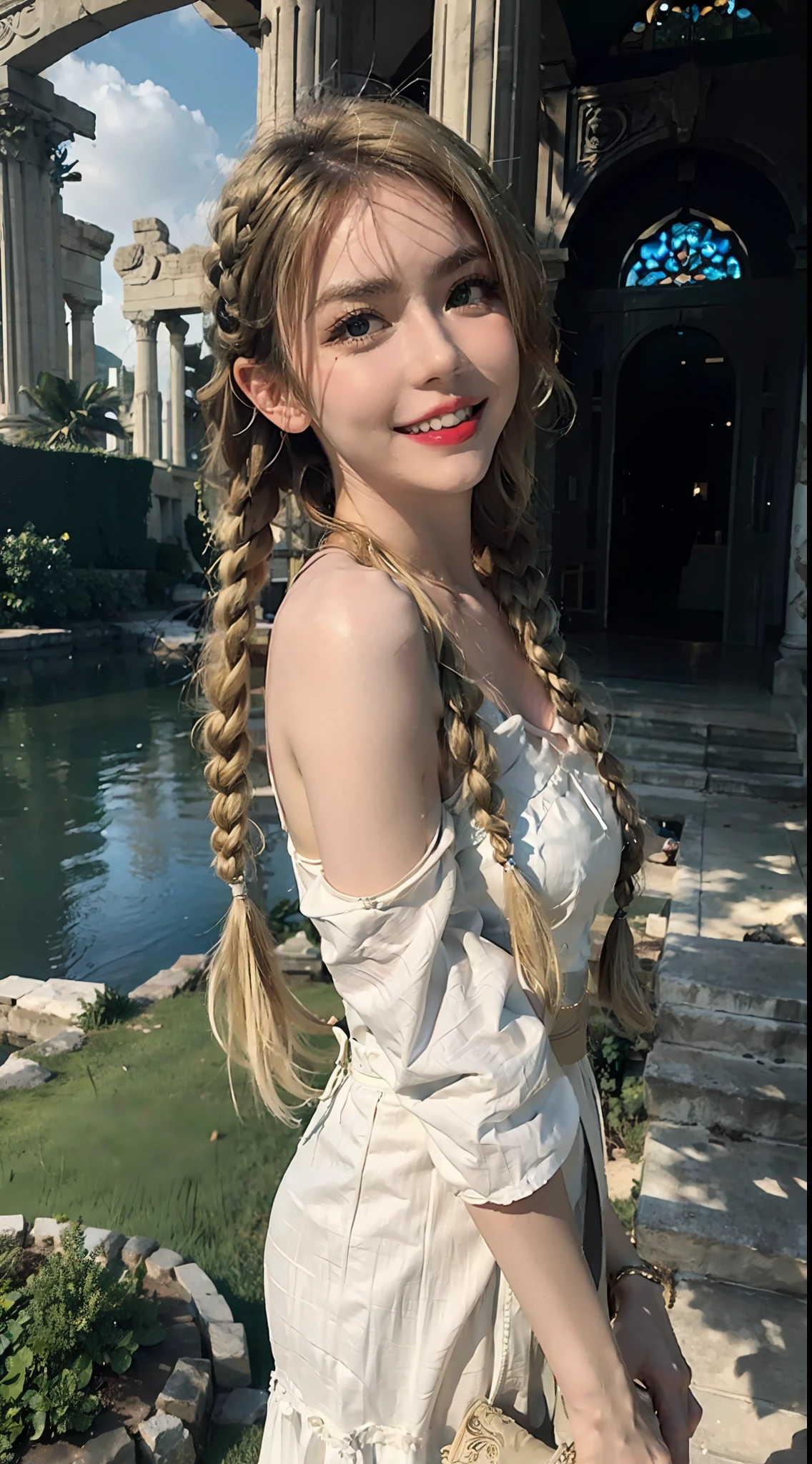 1 girl, solo, dress, blonde, green eyes, braids, white dress, reach out and first view, outdoors, ancient architecture looking at the audience, clouds, bare shoulders, sky, smile, wind, shoot from below,