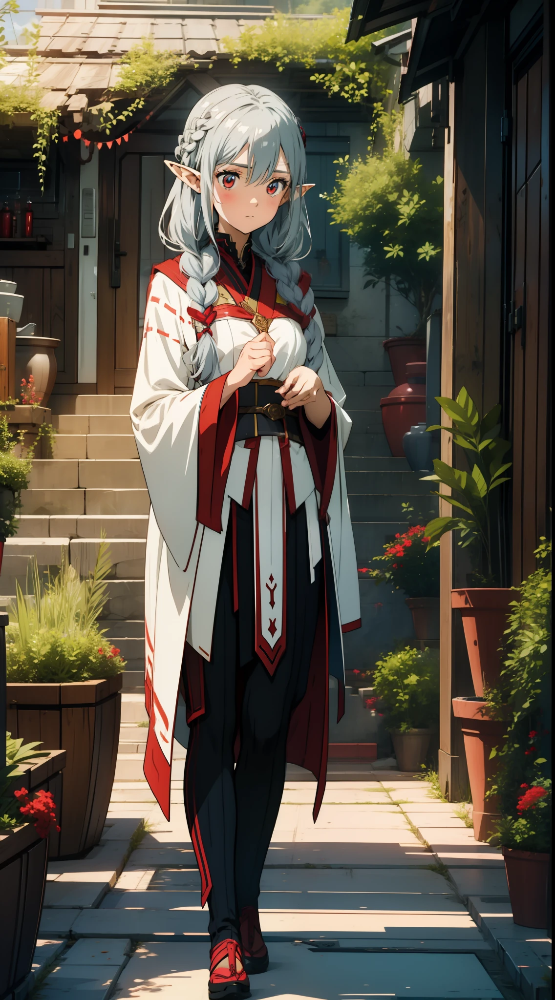 1 girl closeup, elf, silver hair, red eyes, braid, checking her body, puzzled, concept art, beautiful anime scene, top rating on pixiv