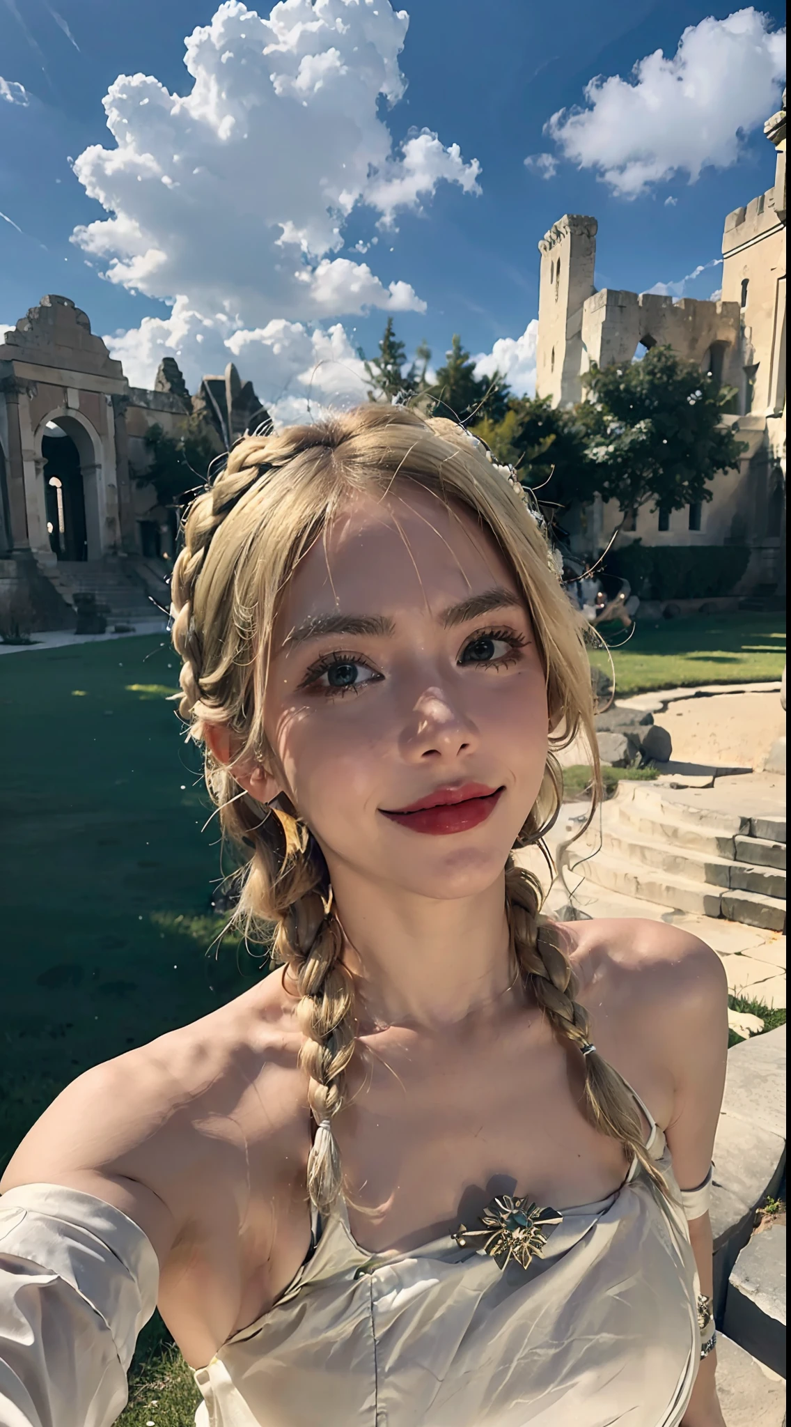 1 girl, solo, dress, blonde, green eyes, braids, white dress, reach out and first view, outdoors, ancient architecture looking at the audience, clouds, bare shoulders, sky, smile, wind, shoot from below,