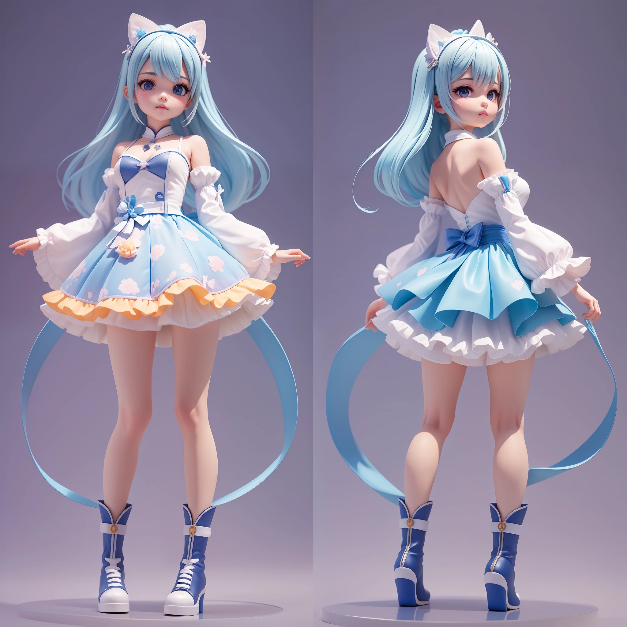 enerate three views, firstly the front view, secondly the left view, thirdly the back view, full body, cute girl with blue and white gradient hairs, wearing a dress and boots, bored pose, standing, clean background, pop mart, pixar, IP, blind box, clay material, pastel color, Studio light, octane render, 3D, C4D, blender, hyper quality, Ultra HD, 8K --ar 16:9
-
#ai #midjourney #IP #IP设计 #ip三视图 #AI #人工智能 #潮流艺术 #我和AI有画说 #AI绘画有点东西