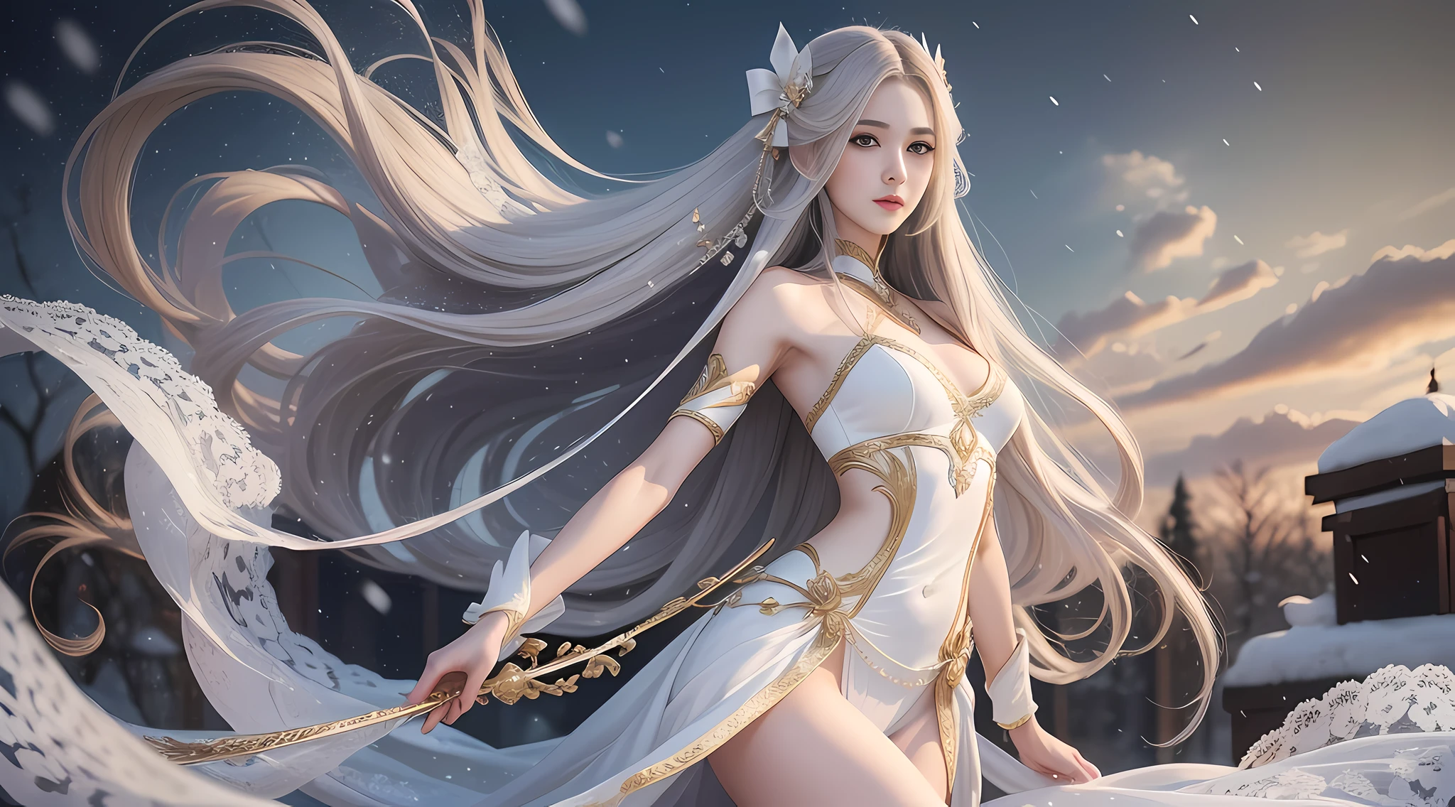 Long hair like snow appears in the art of Güwiz, bows dot its hair, meticulous style, in the picture, dignified and elegant, but also sexy, delicate, soft tones, as if the champion of the whole game, perfect body proportions, slender long legs, realistic style.