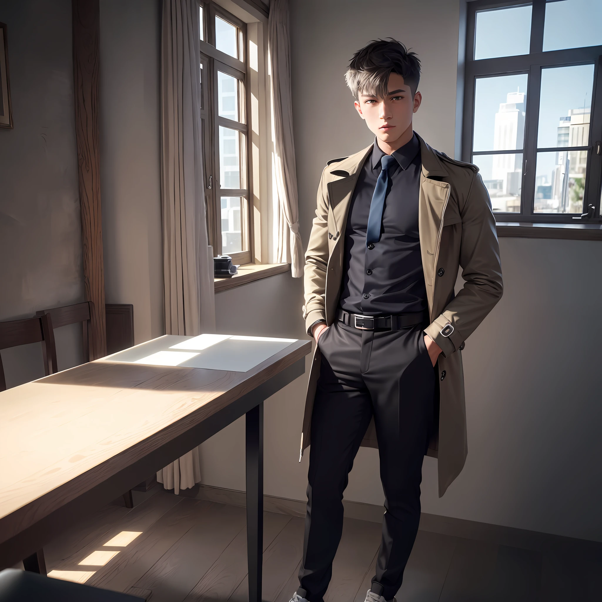 8k resolution, ultra-fine detail, fine picture, strong light tracing, masterpiece, high quality, detail light, ray tracing, 1 boy, short gray hair, full body photo, perfect face, blue ear drill, a cigarette khaki trench coat in the mouth, open, eight-pack abs, black slacks, sneakers, leaning on the table, photo pose