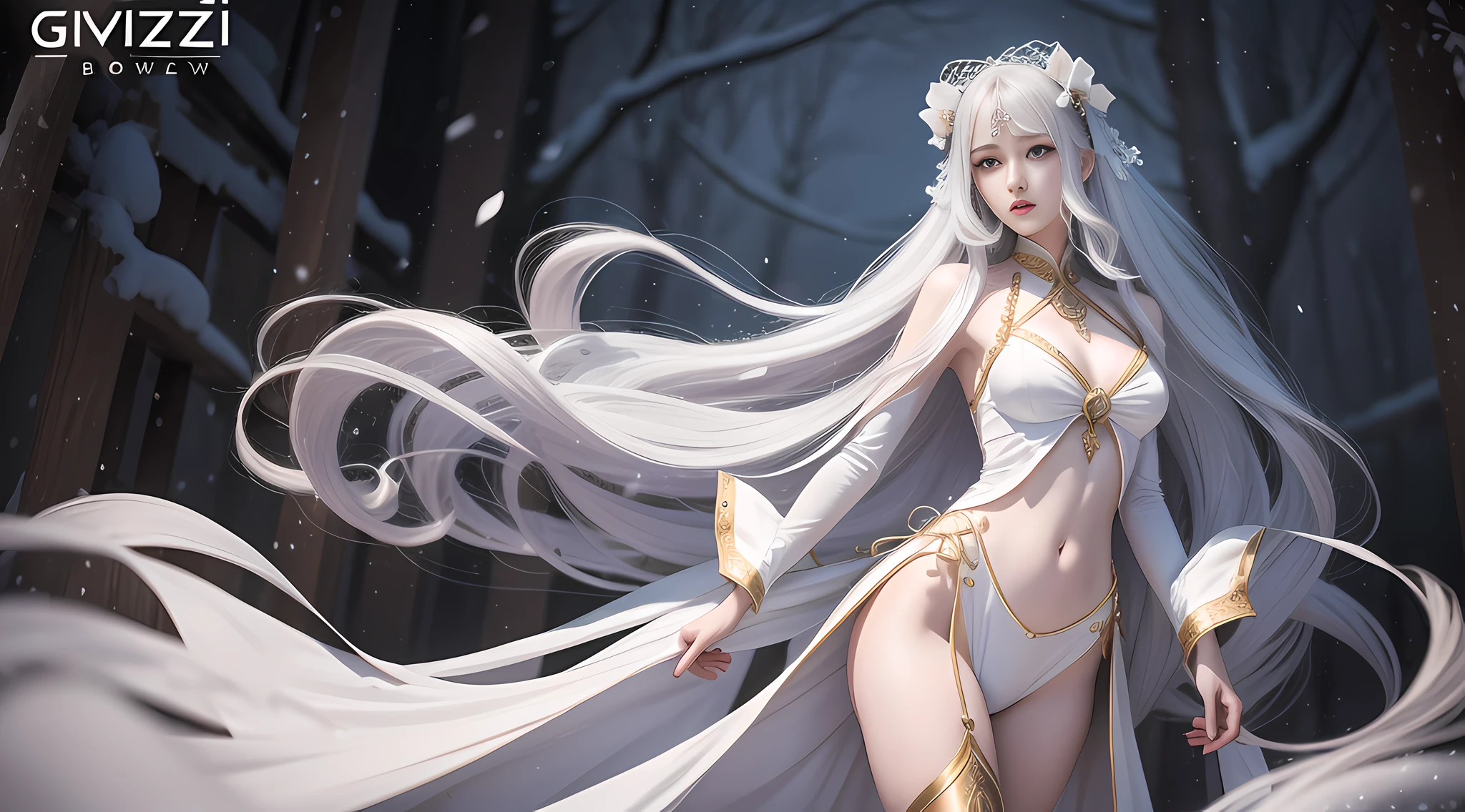 Long hair like snow appears in the art of Güwiz, bows dot its hair, meticulous style, in the picture, dignified and elegant, but also sexy, delicate, soft tones, as if the champion of the whole game, perfect body proportions, slender long legs, realistic style.