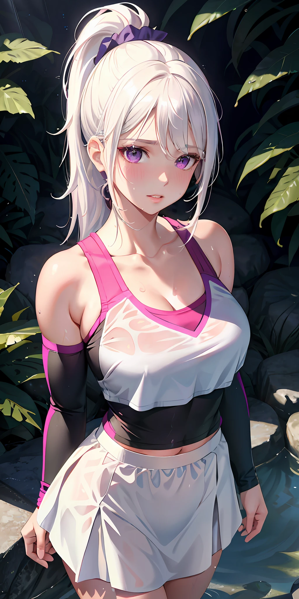 realistic, 1girl, ponytail, parted lips, blush, makeup, light smile, white hair, sportswear, skirt, wet clothes, glow, thighs, purple eye, bare shoulders, collarbone, narrow waist, sunbeam, sunlight, rose, wind, cleavage, (masterpiece), sweat,