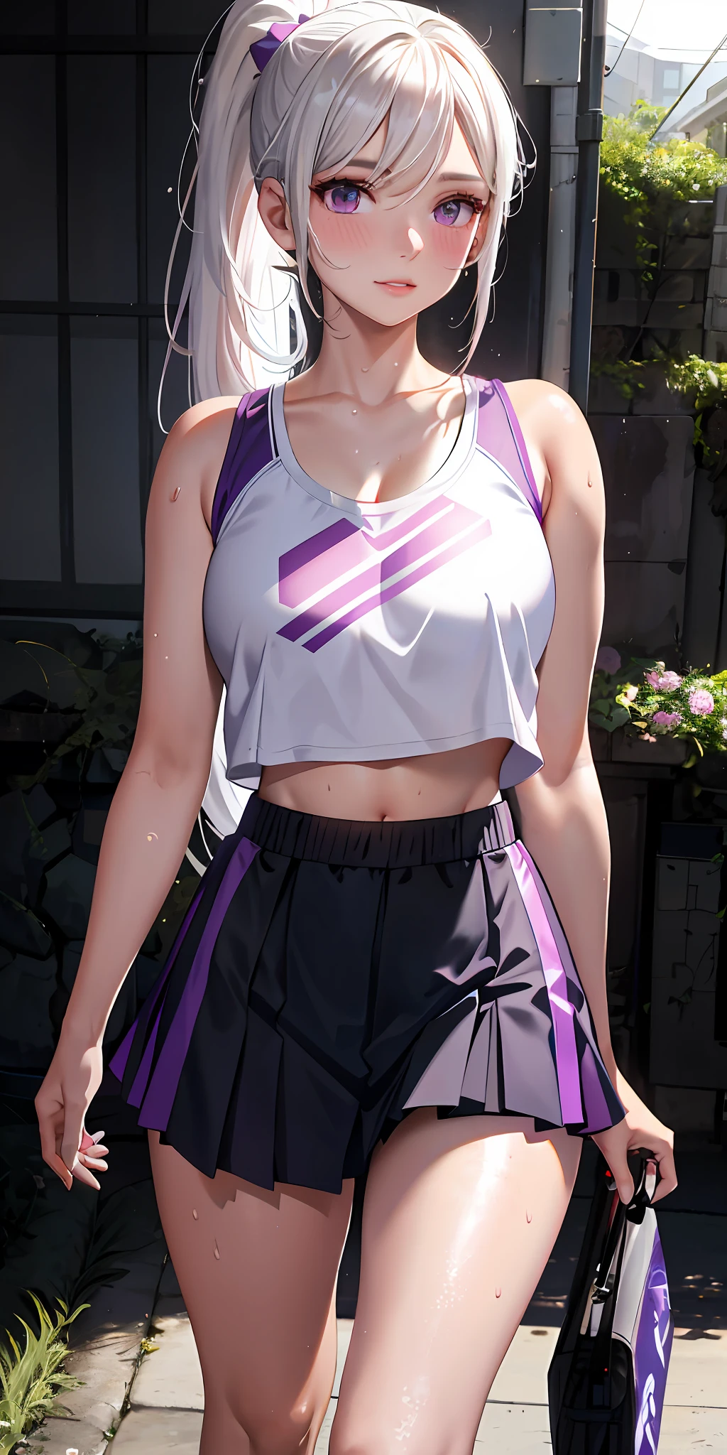 realistic, 1girl, ponytail, parted lips, blush, makeup, light smile, white hair, sportswear, skirt, wet clothes, glow, thighs, purple eye, bare shoulders, collarbone, narrow waist, sunbeam, sunlight, rose, wind, cleavage, (masterpiece), sweat,