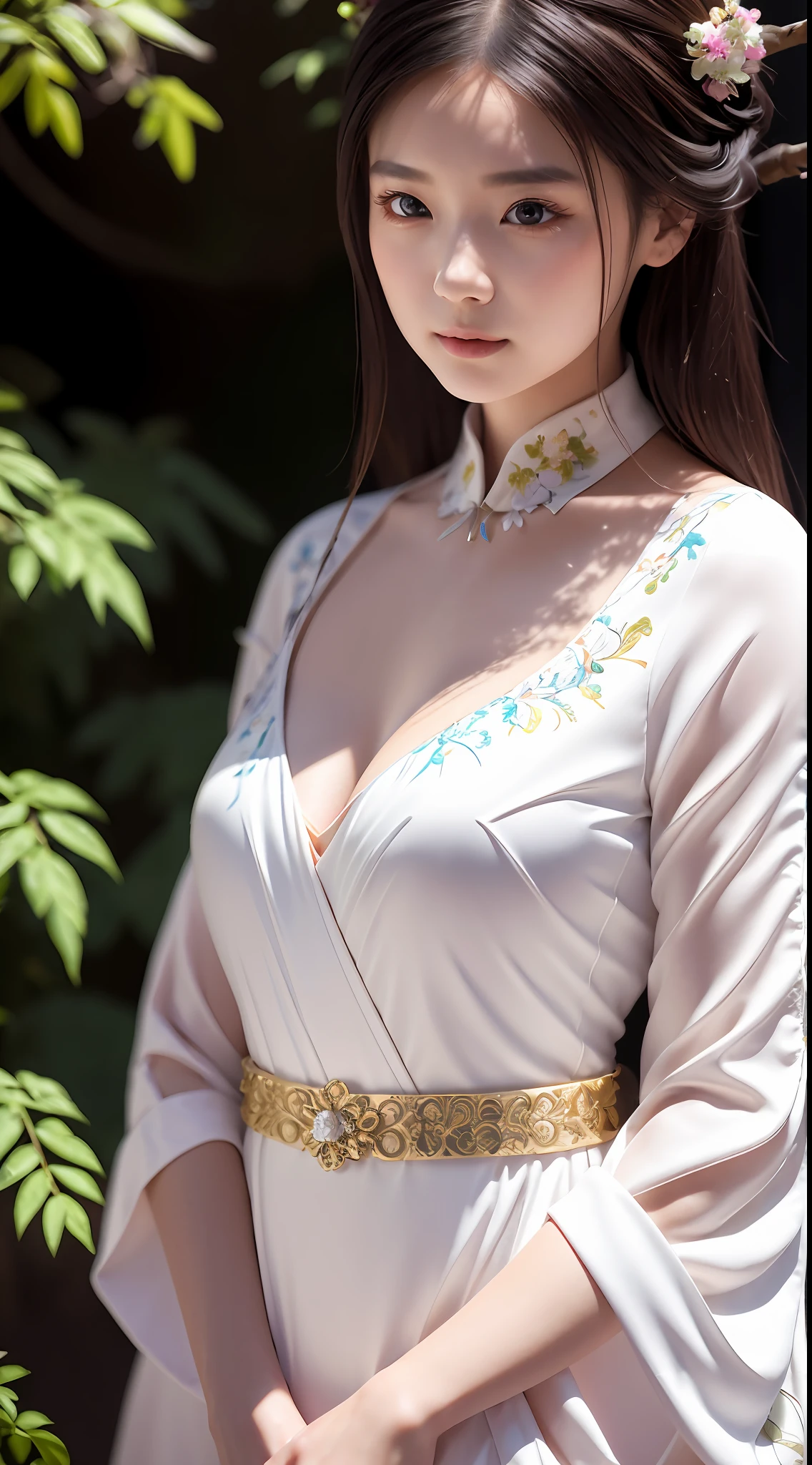 best quality,masterpiece,illustration,an extremely deciple and beautiful,extremely detailed,CG,unity,8k wallpaper,Amazing,finely detail,master,best quality,official art, extremely detailed CG unity 8k wallpaper, ridiculous, incredibly ridiculous, huge file size, super detailed, high resolution, very detailed, pretty detailed girl, very detailed eyes and face, beautiful detailed eyes, light on face, (Hanfu: 1.1), 1girl, Chinese white Hanfu, tall figure, full body photo, big breasts, bangs hairstyle, holding flowers