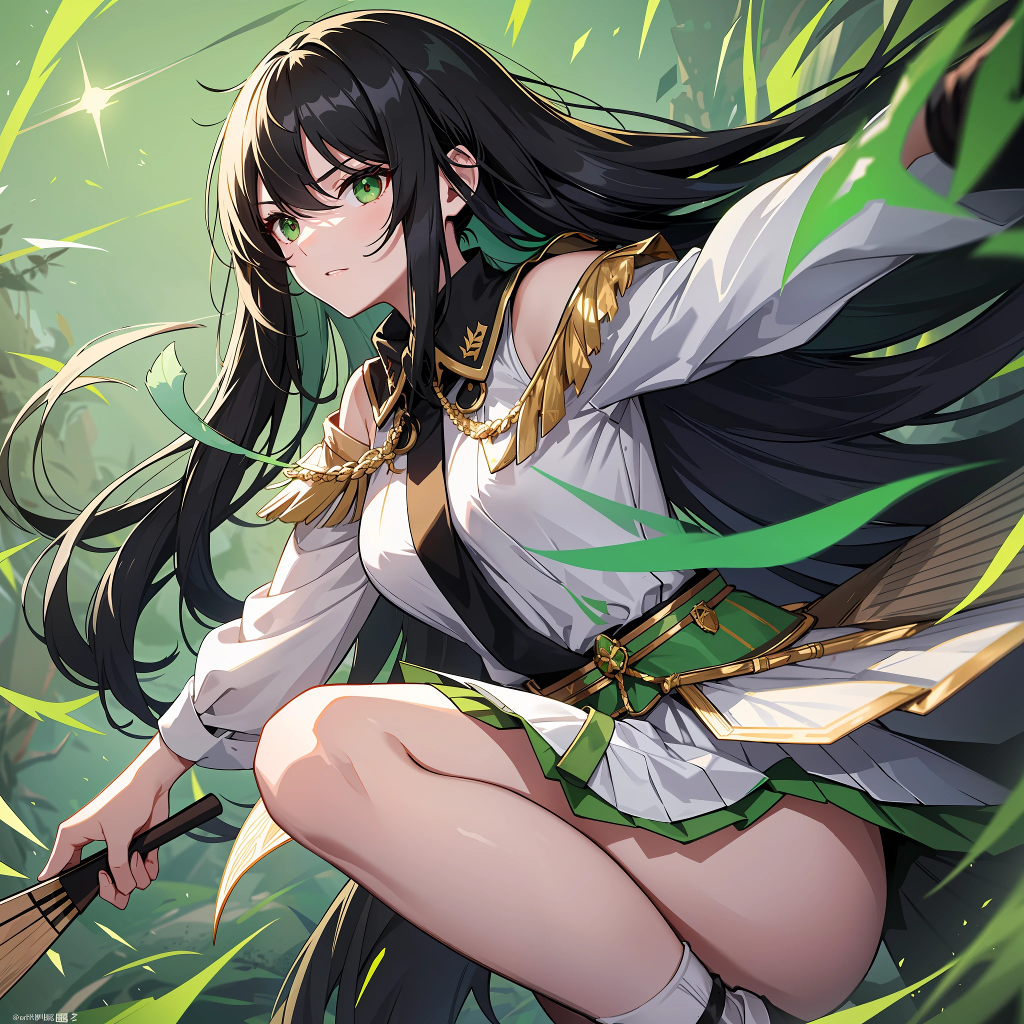 Adult, one female, Long black hair with green line in the middle, white shirt with Rank on the shoulder , short green skirt with gold trim, attack mode With a hand fan While Jump in the Desert , Slanted eyes, Glare, masterpiece, variation style