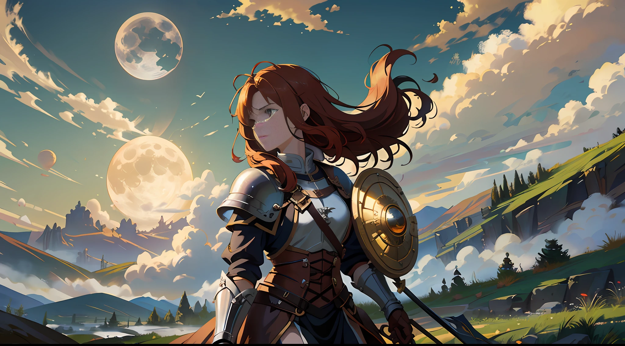 (super detailed), (masterpiece), (top quality), shining moon, (highly detailed CG unit 8k wallpaper), 22-year-old red-haired girl looks up, fantastic medieval warrior standing on a hill and looking at the battlefield below him. He is dressed in full armor, holding a sword in one hand and a shield in the other. The sun is sinking into the horizon, creating a golden light that illuminates the field below. The air is tense with anticipation of an impending battle as warriors prepare to fight and lead them to concept art, movies, distorted clouds in the sky and highly detailed and stylized wallpapers