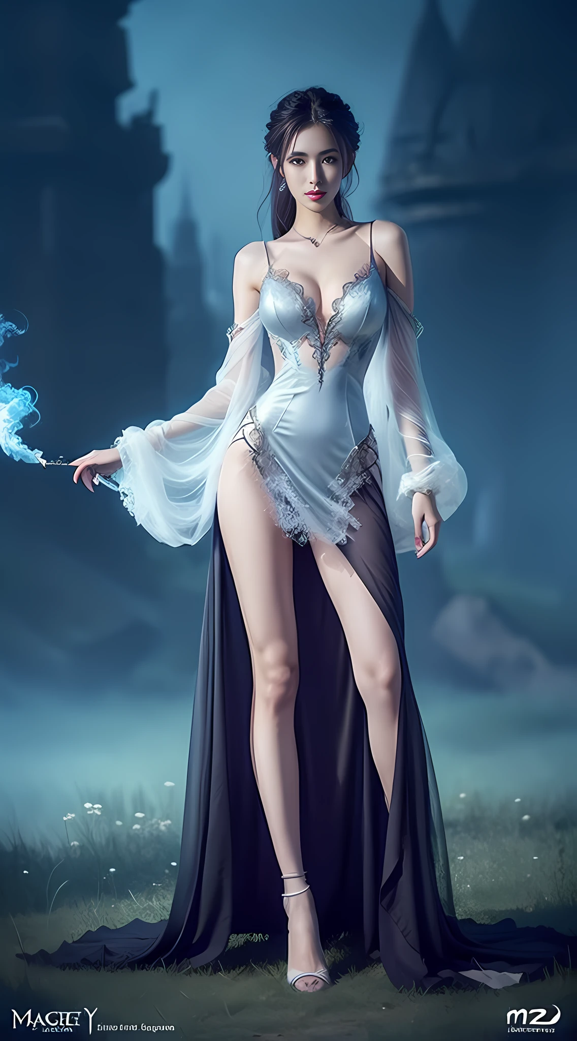 A woman in a white dress standing in smoke, fantasy art style, digital art fantasy, digital art fantasy, fantasy woman, ethereal fantasy, moody misty fantasy art, digital 2d fantasy art, guweiz, digital fantasy art), trending digital fantasy art, fantasy digital art, anime fantasy illustration, art cover, beautiful fantasy art, beautiful character painting, magic style, slender legs, perfect body proportions