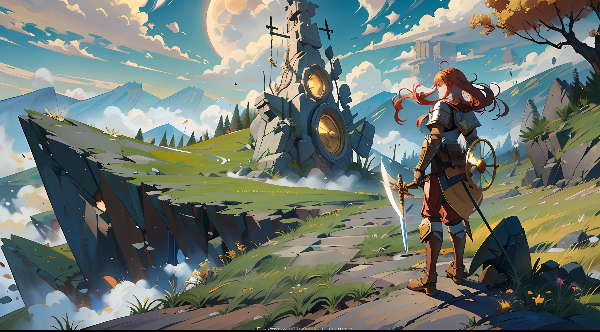 (super detailed), (masterpiece), (top quality), shining moon, (highly detailed CG unit 8k wallpaper), 22-year-old red-haired girl looks up, fantastic medieval warrior standing on a hill and looking at the battlefield below him. He is dressed in full armor, holding a sword in one hand and a shield in the other. The sun is sinking into the horizon, creating a golden light that illuminates the field below. The air is tense with anticipation of an impending battle as warriors prepare to fight and lead them to concept art, movies, distorted clouds in the sky and highly detailed and stylized wallpapers